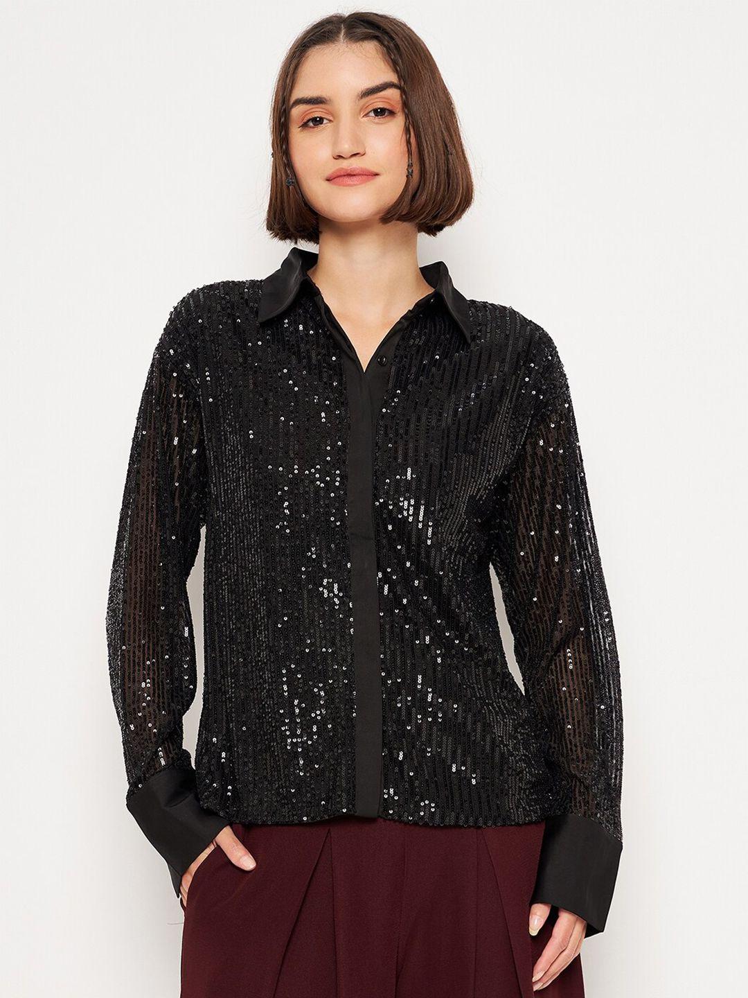 madame sequined cuff sleeves embellished shirt style top