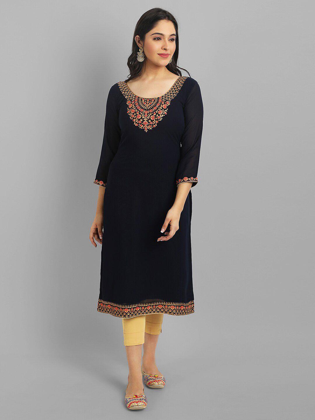 femvy motif embroidered thread work georgette kurta