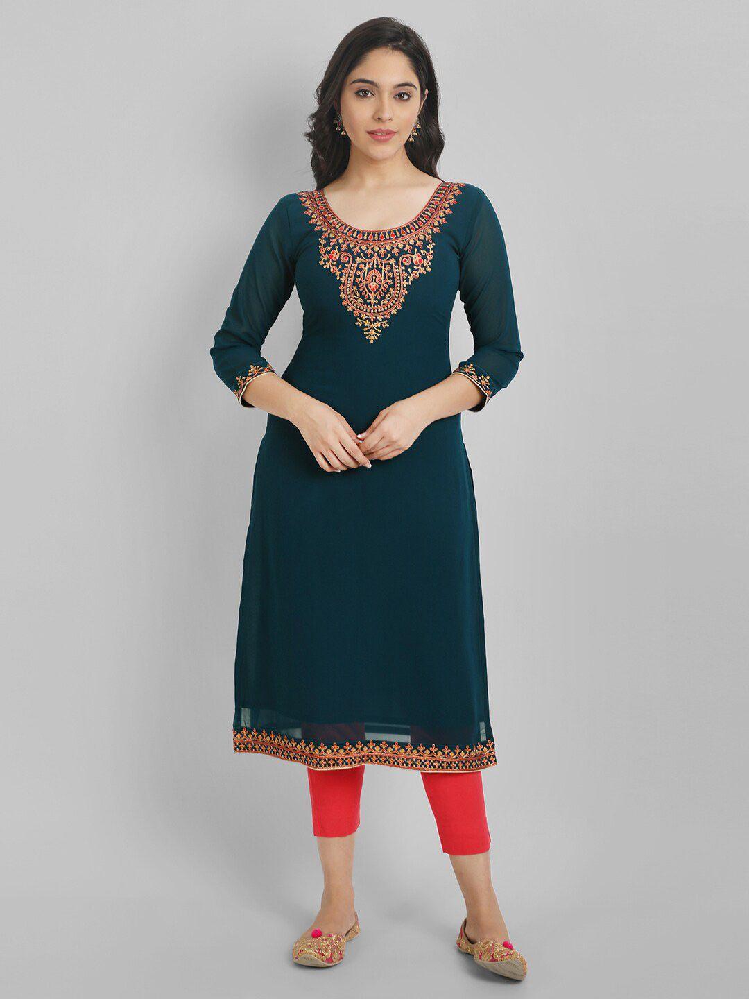 femvy motifs embroidered thread work georgette kurta