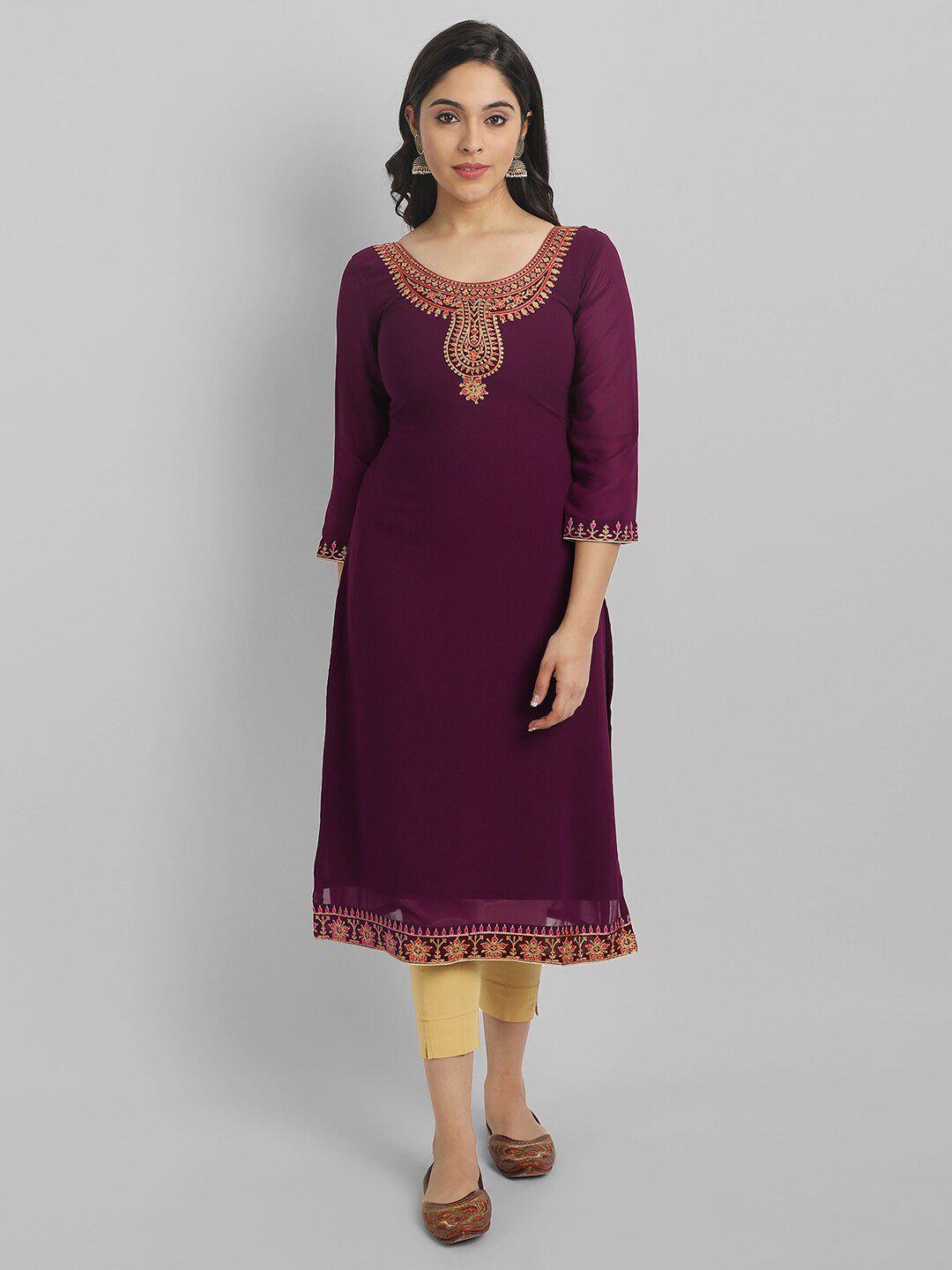 femvy motifs embroidered thread work yoke georgette kurta