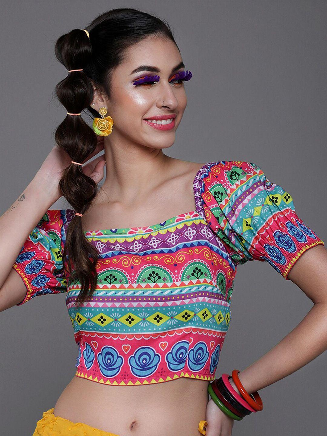 aks multicoloured tribal print puff sleeve crop top