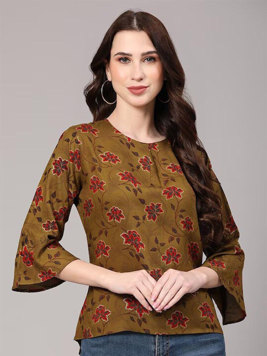 kalini brown floral print bell sleeve top