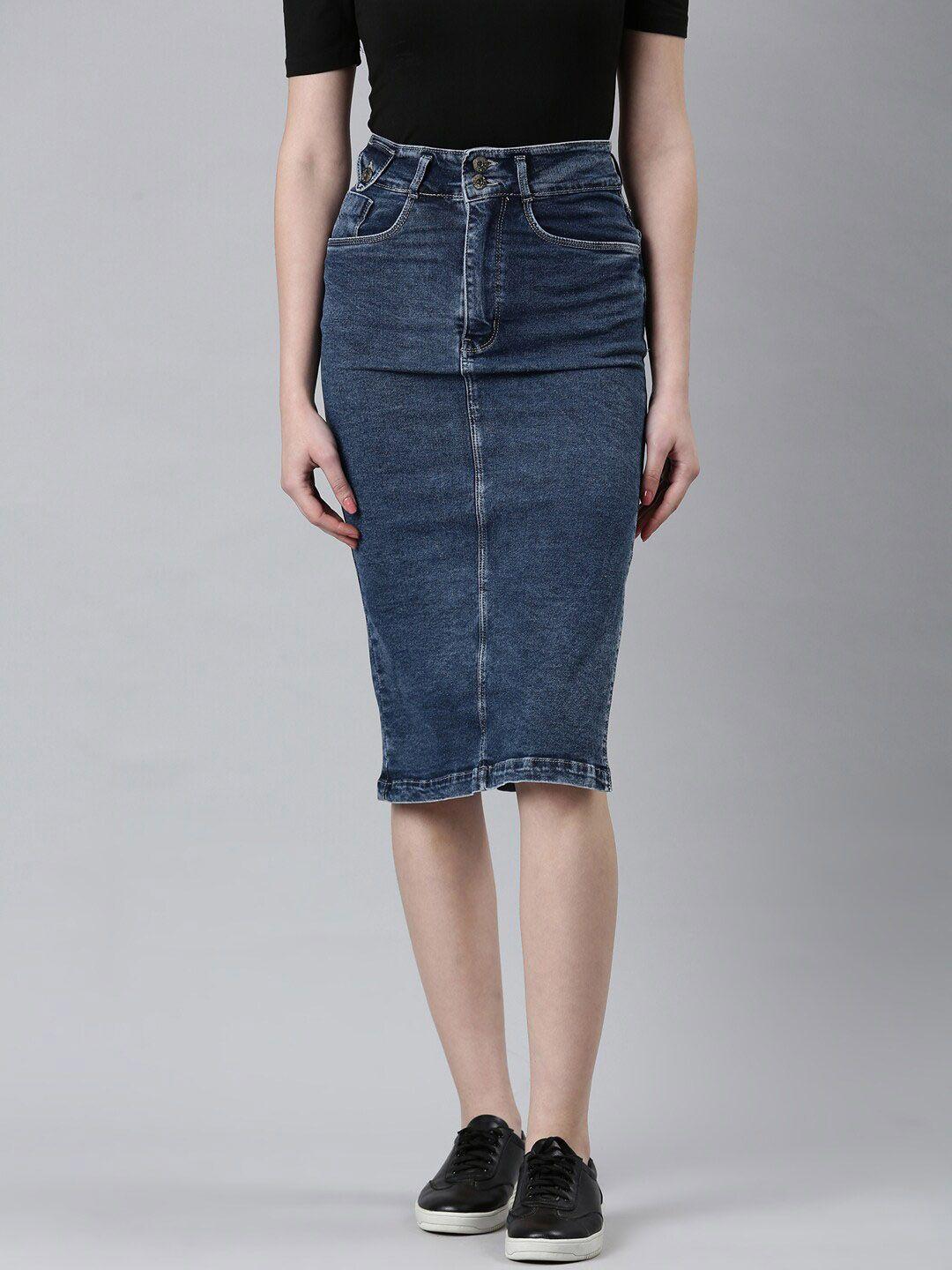 showoff denim knee length pencil skirt