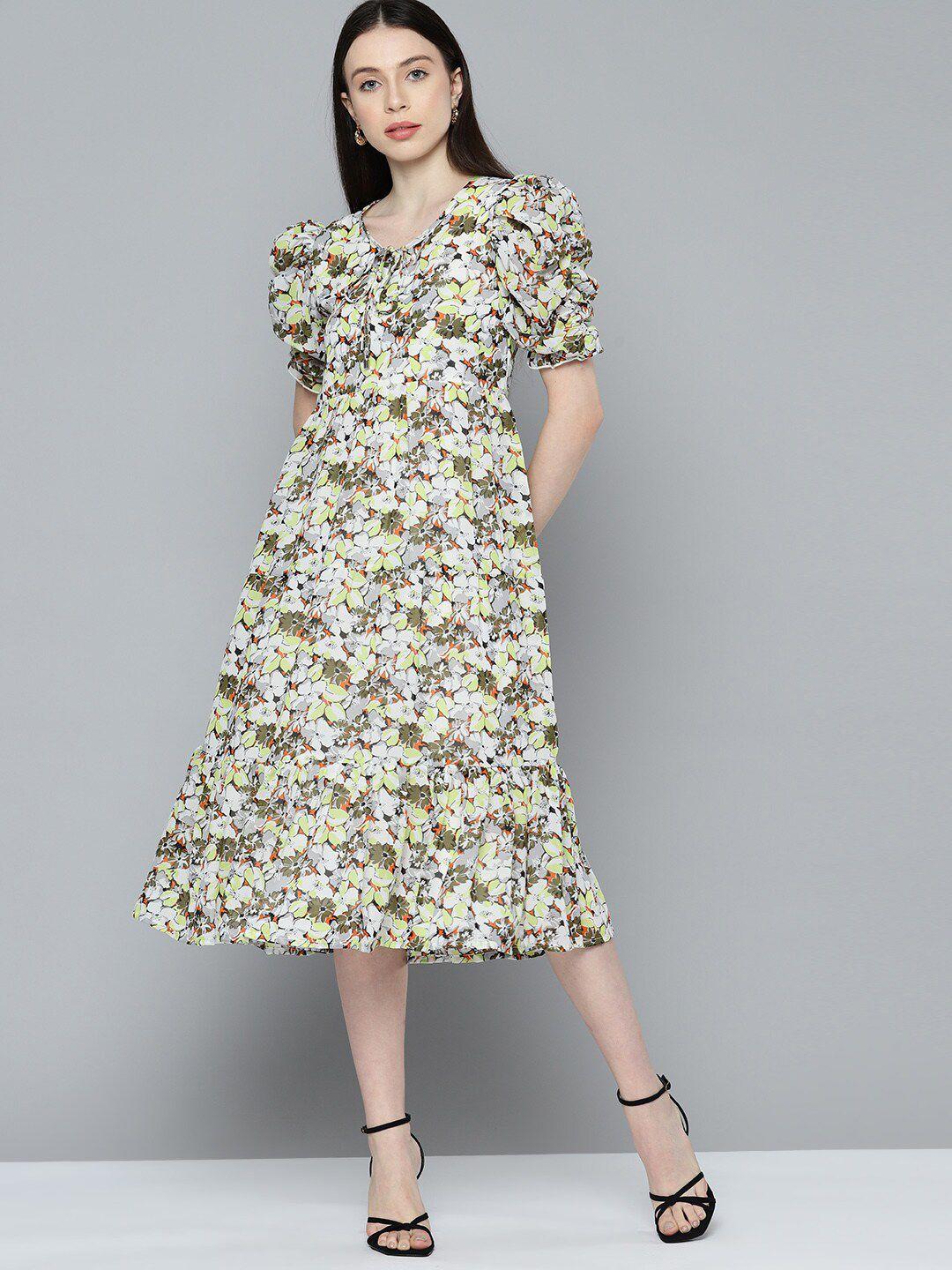 wisstler floral printed puff sleeve georgette a-line dress