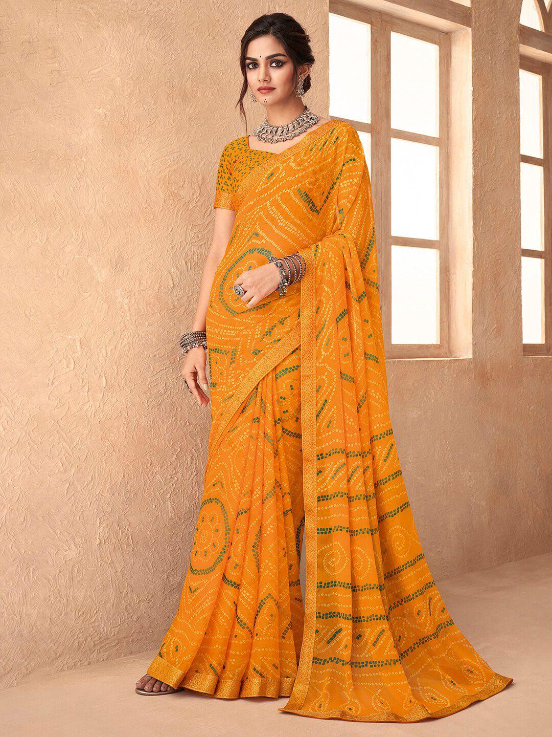 anouk yellow & green bandhani zari pure chiffon bandhani saree