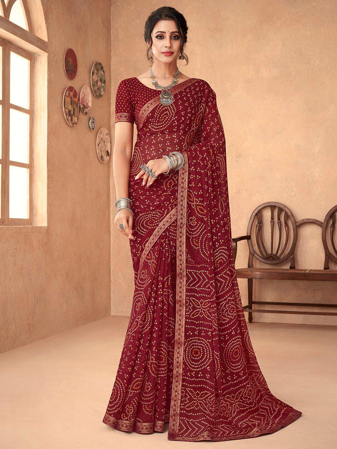 anouk maroon & white bandhani zari pure chiffon bandhani saree