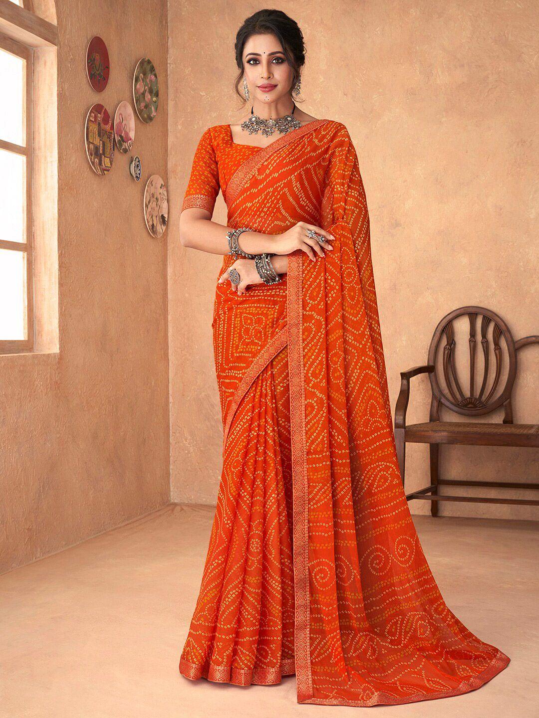 anouk orange & gold-toned bandhani zari pure chiffon bandhani saree