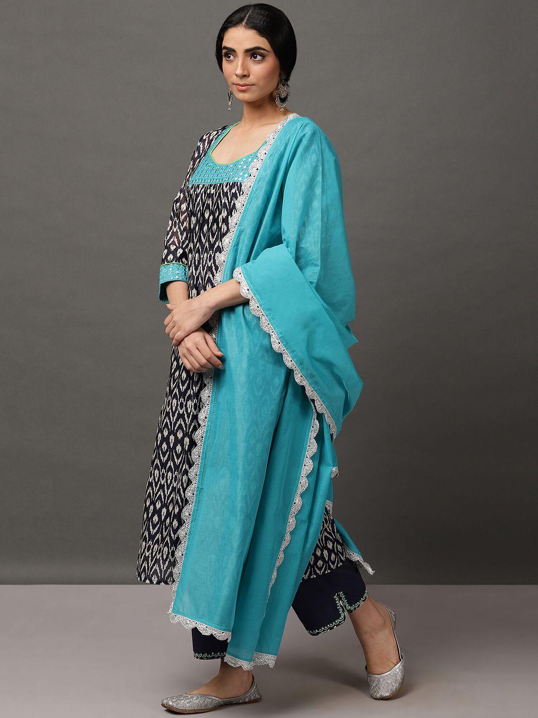 nuhh ethnic motifs printed regular chanderi cotton kurta & trousers with dupatta