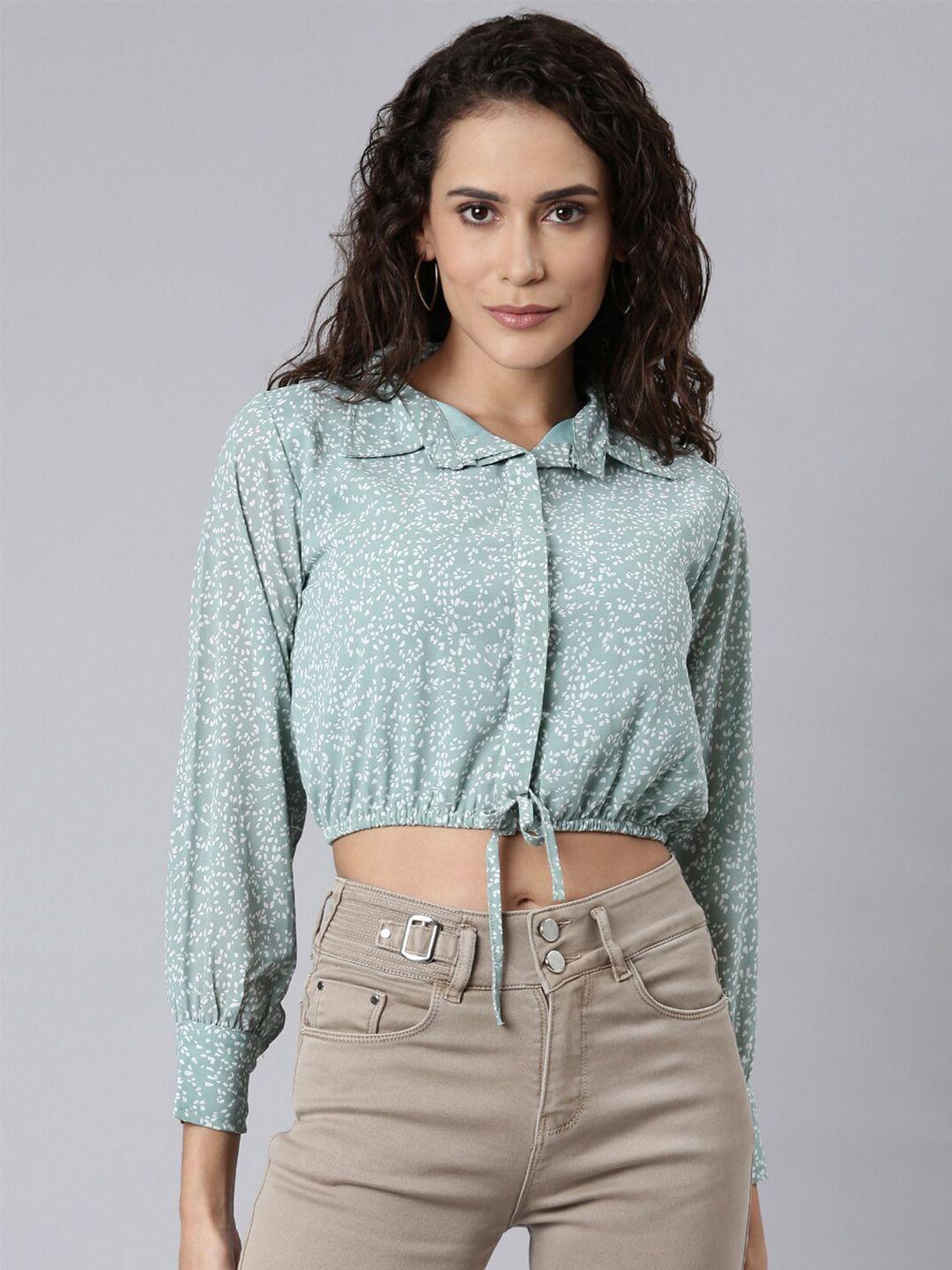 showoff abstract printed shirt collar crop top