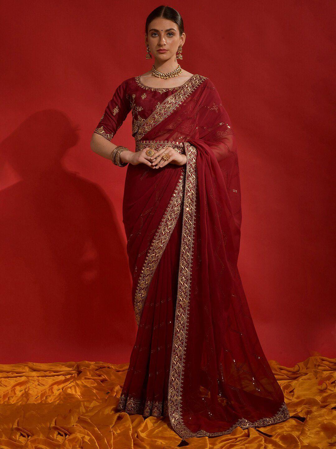 anouk maroon & gold-toned embellished embroidered pure georgette saree