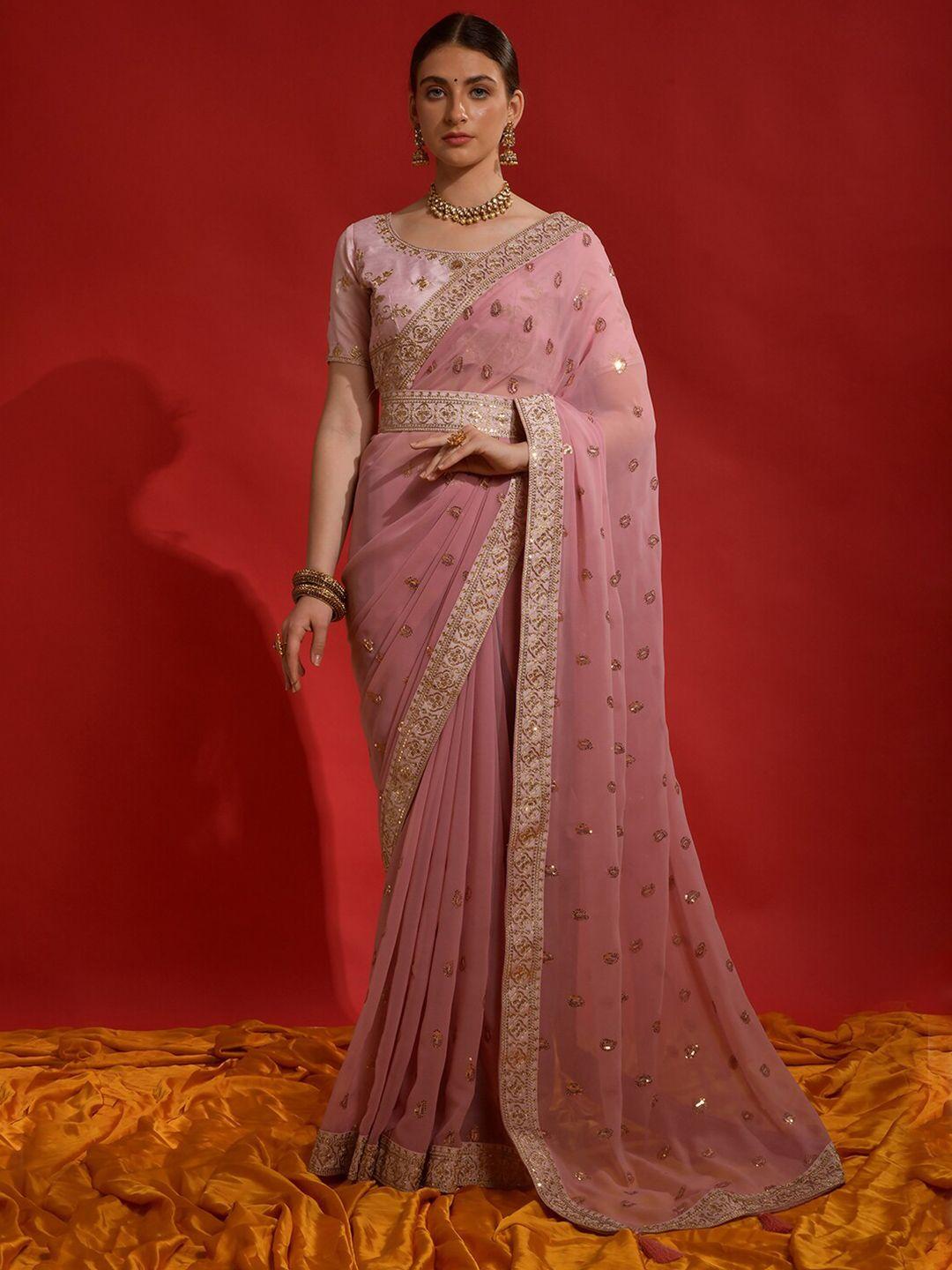 anouk pink & gold-toned paisley sequinned pure georgette saree