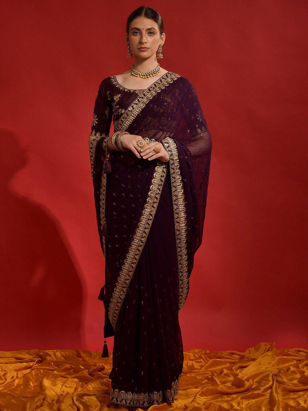 anouk purple & gold-toned floral embroidered pure georgette saree