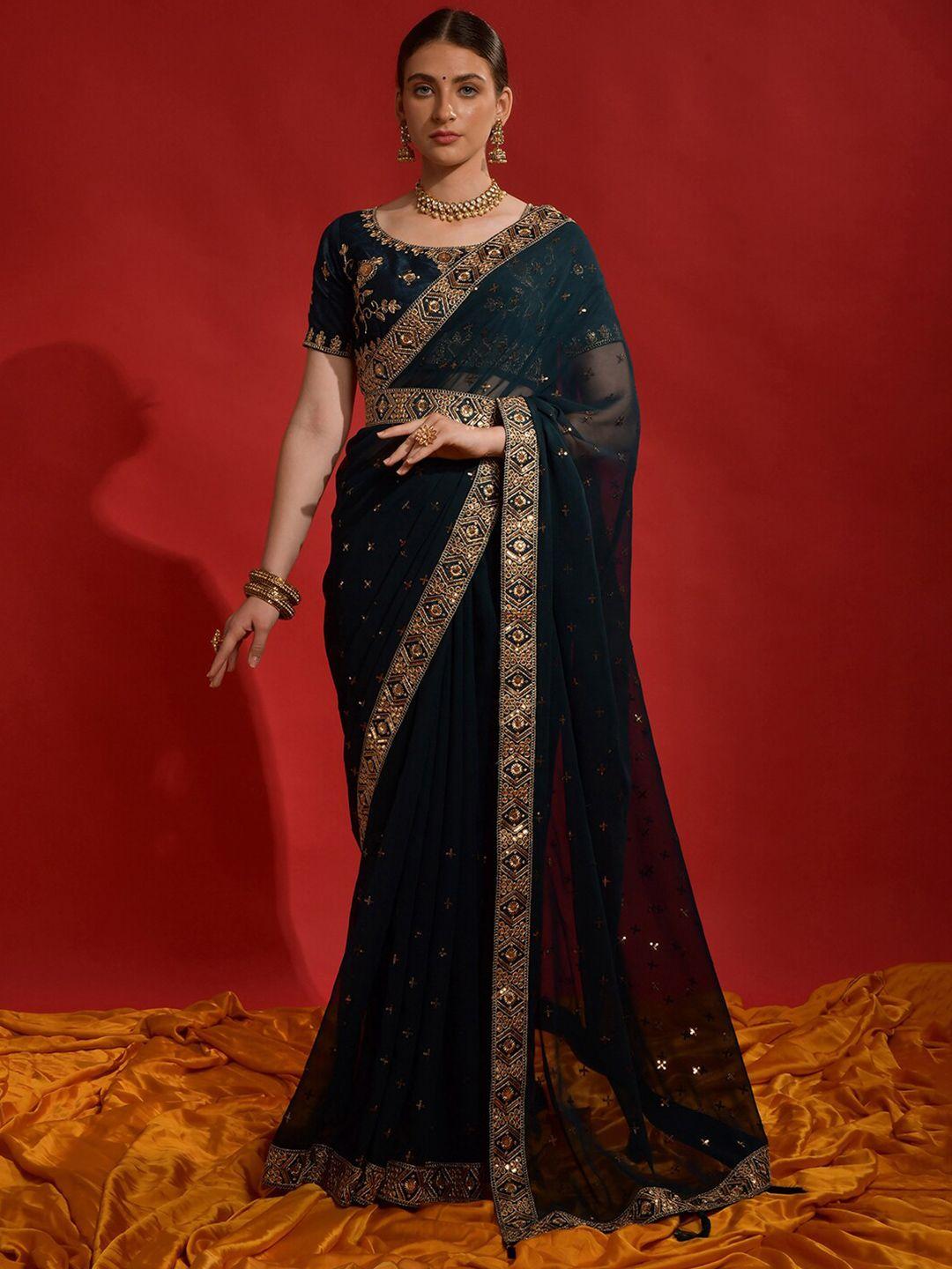 anouk teal & gold-toned embellished embroidered pure georgette saree