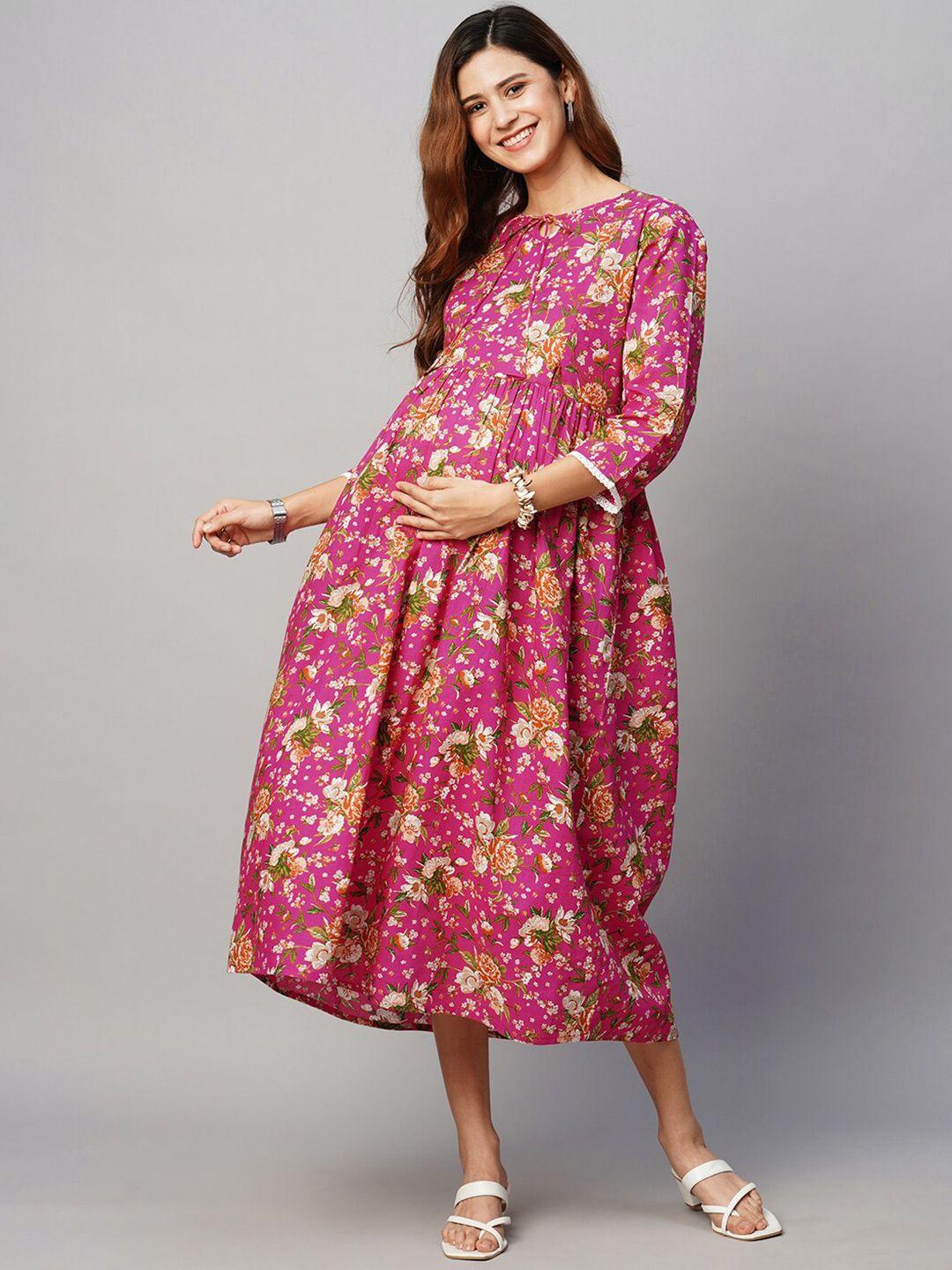 momtobe floral printed cotton maternity a-line midi sustainable dress