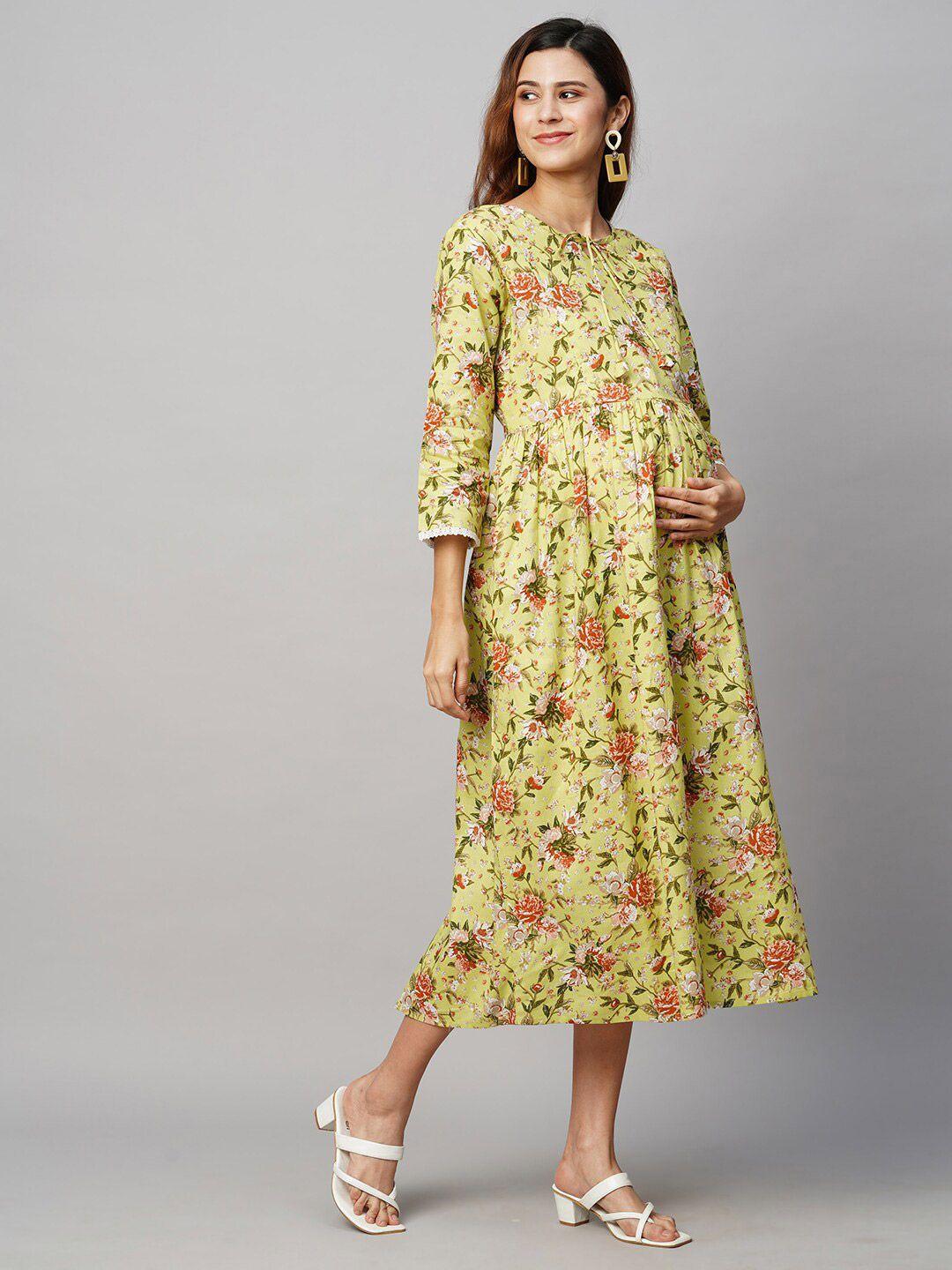 momtobe floral printed cotton maternity a-line midi sustainable dress