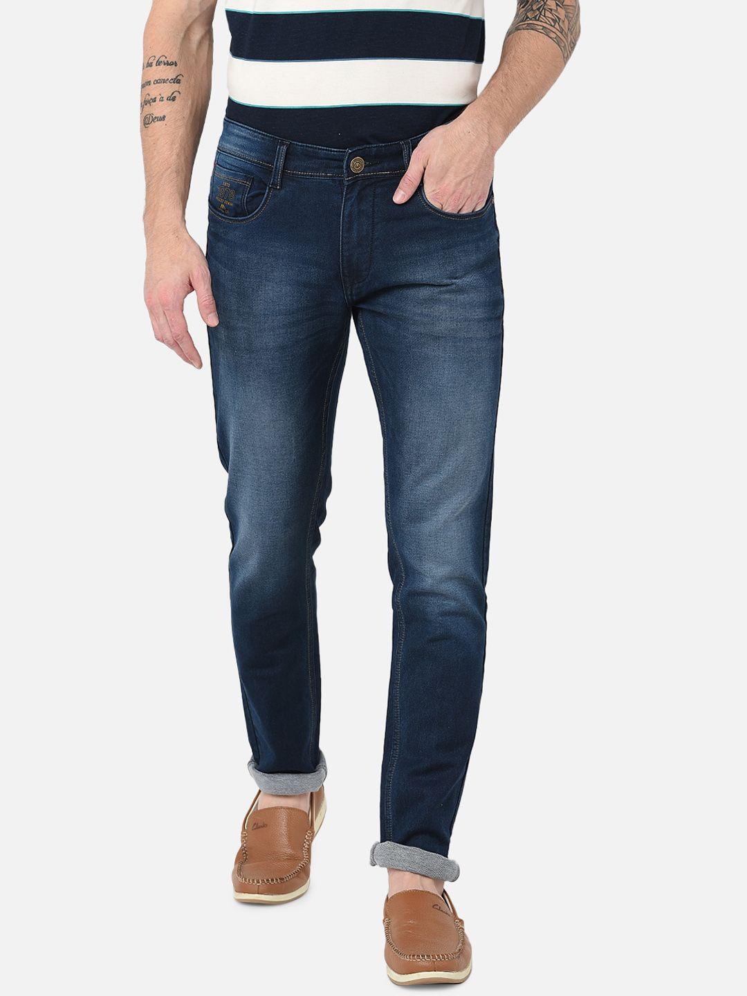 mozzo men navy blue lean slim fit light fade jeans