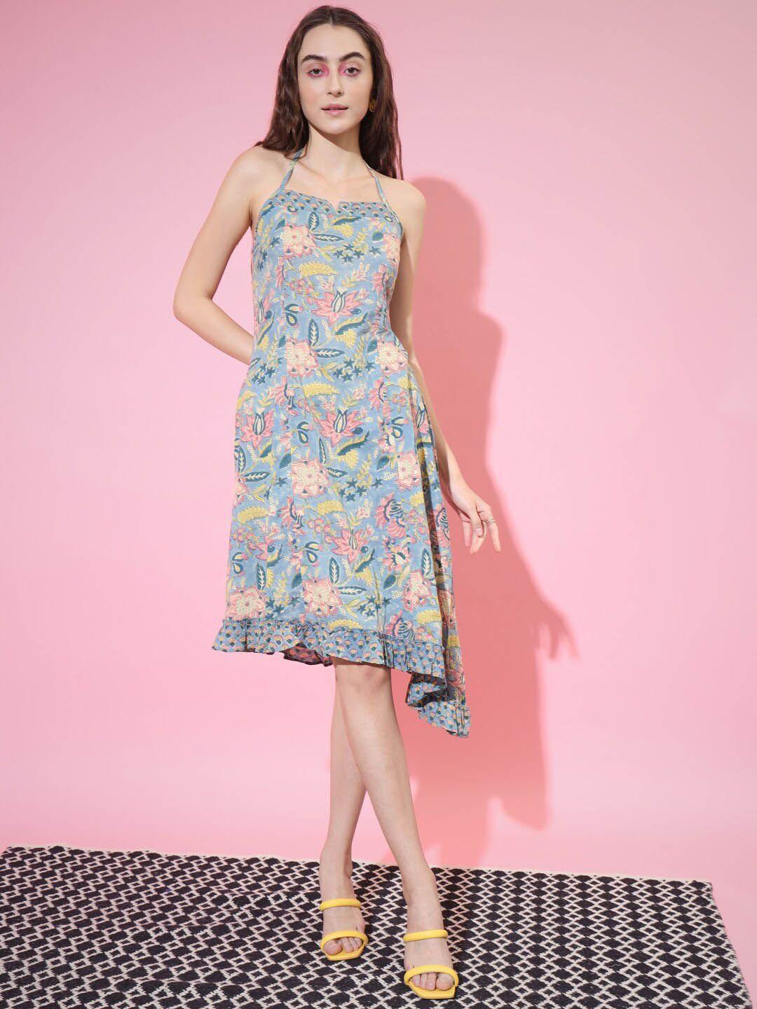 kalini floral printed shoulder-straps ruffles cotton a-line dress