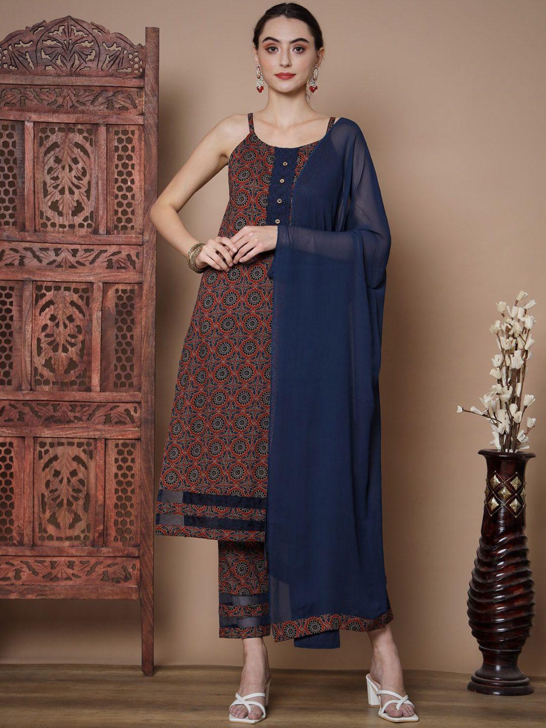 kalini ethnic motifs printed shoulder straps pure cotton kurta & trousers with dupatta