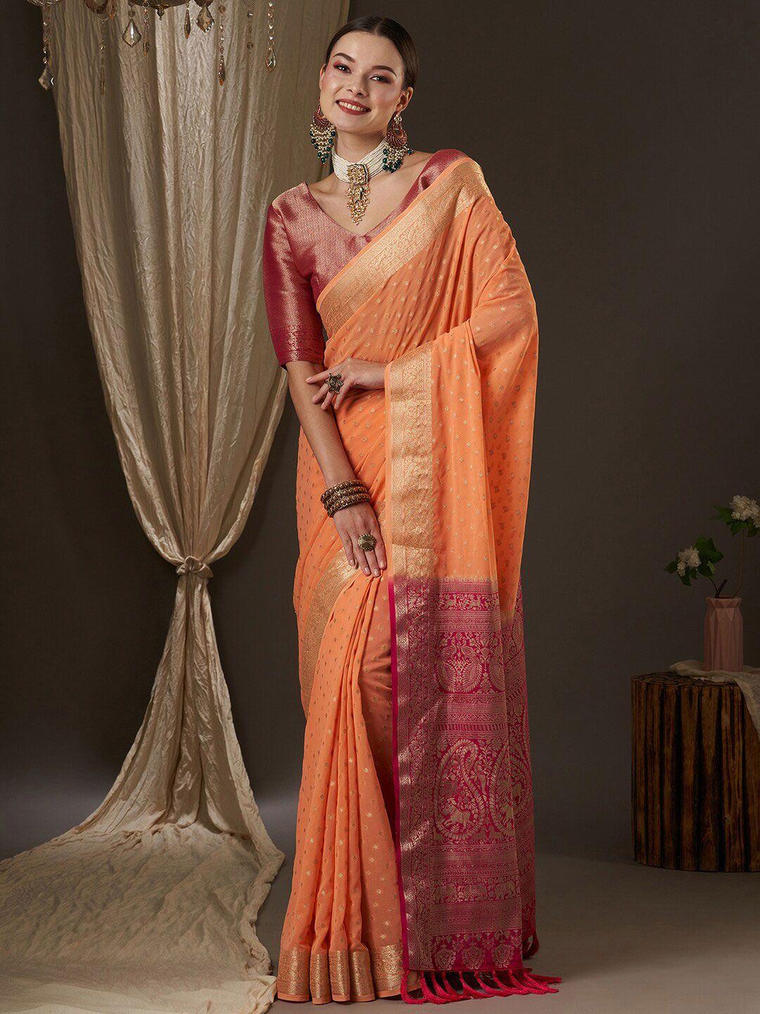 anouk peach-coloured & red woven design zari pure georgette kanjeevaram saree