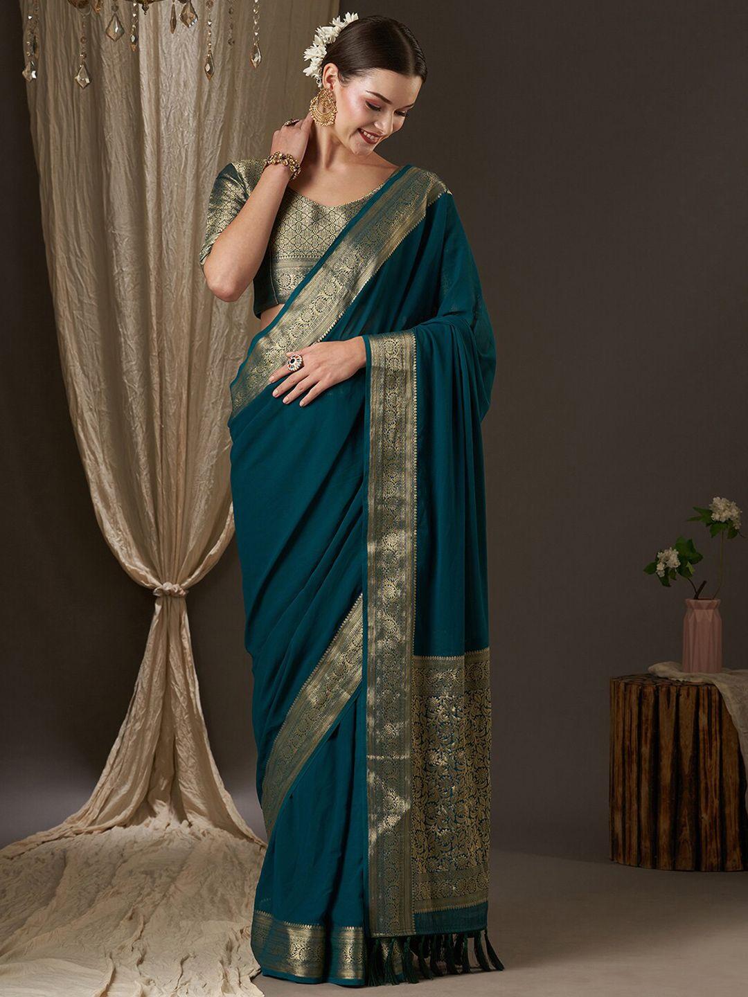 anouk teal & gold-toned zari pure georgette kanjeevaram saree