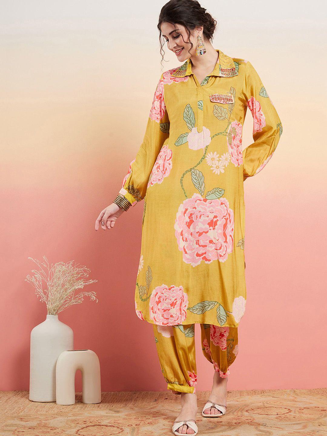 sangria floral printed pathani kurta with trousers & dupatta