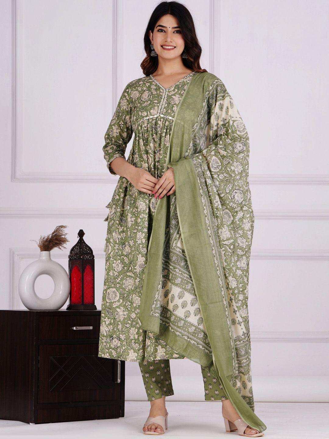 kalini women green ethnic motifs printed empire pure cotton kurta with trousers & with dupatta