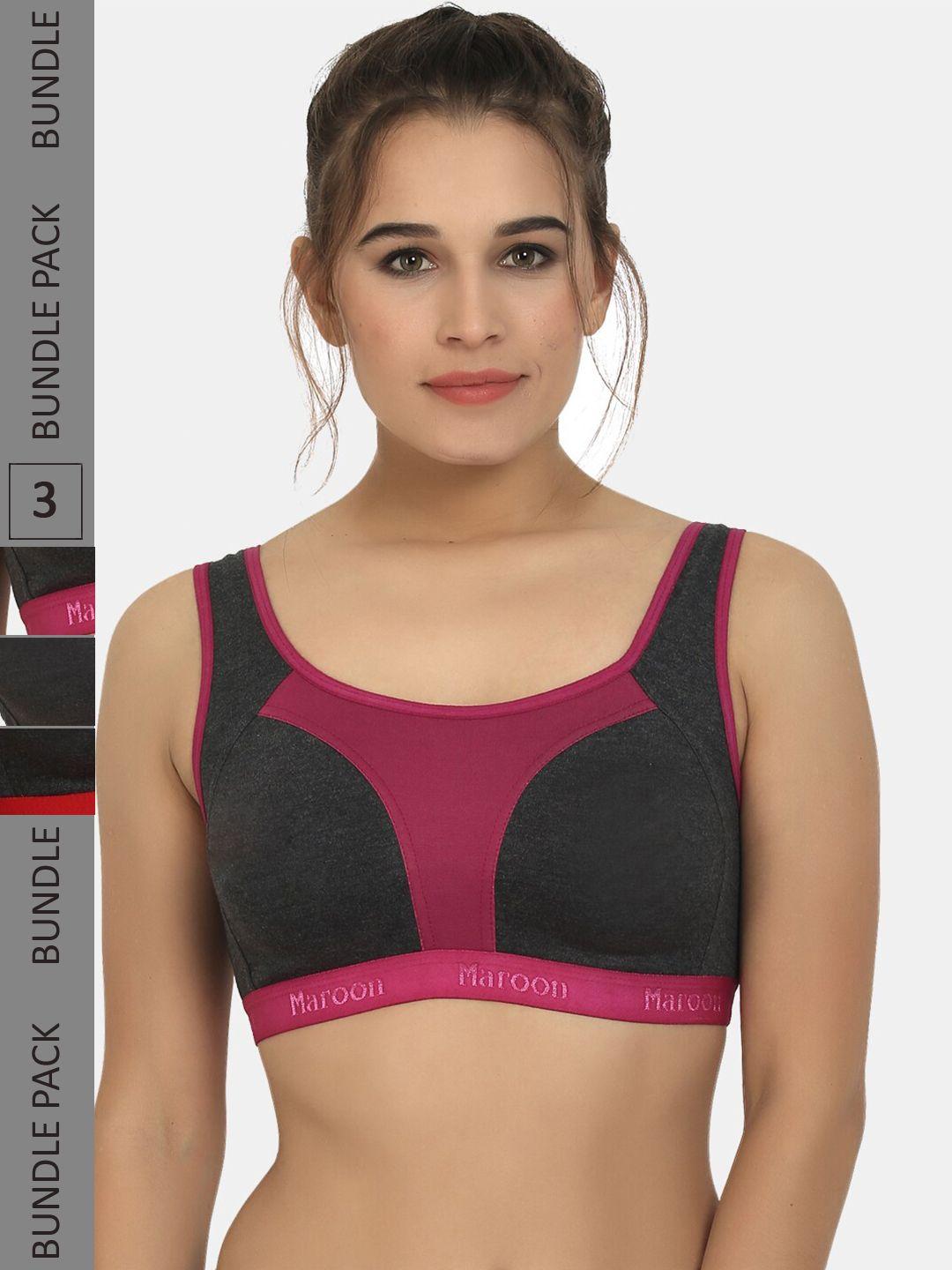 maroon pack of 3 seamless cotton full coverage workout bra with all day comfort