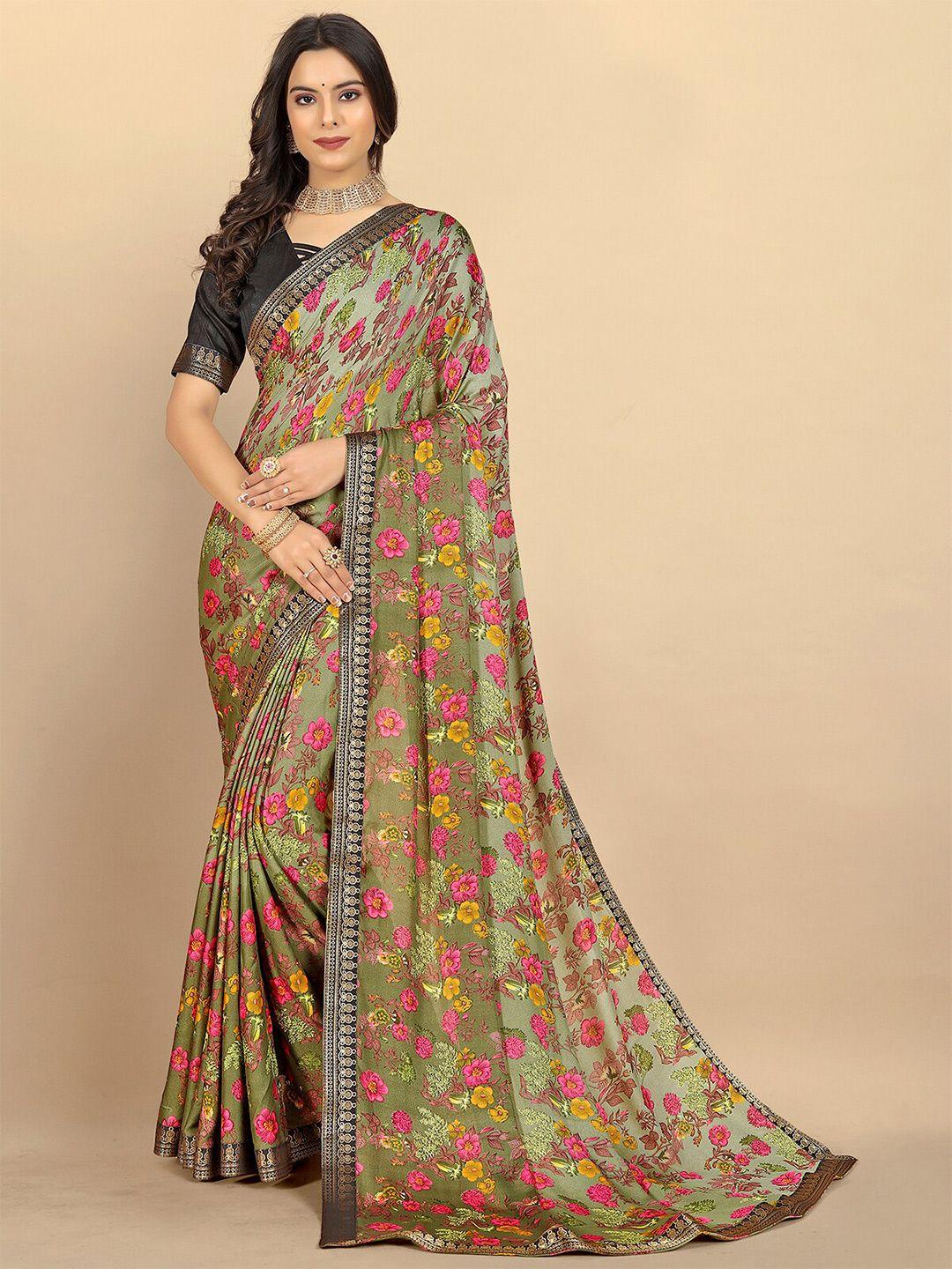 rangita olive green & pink floral zari poly georgette saree