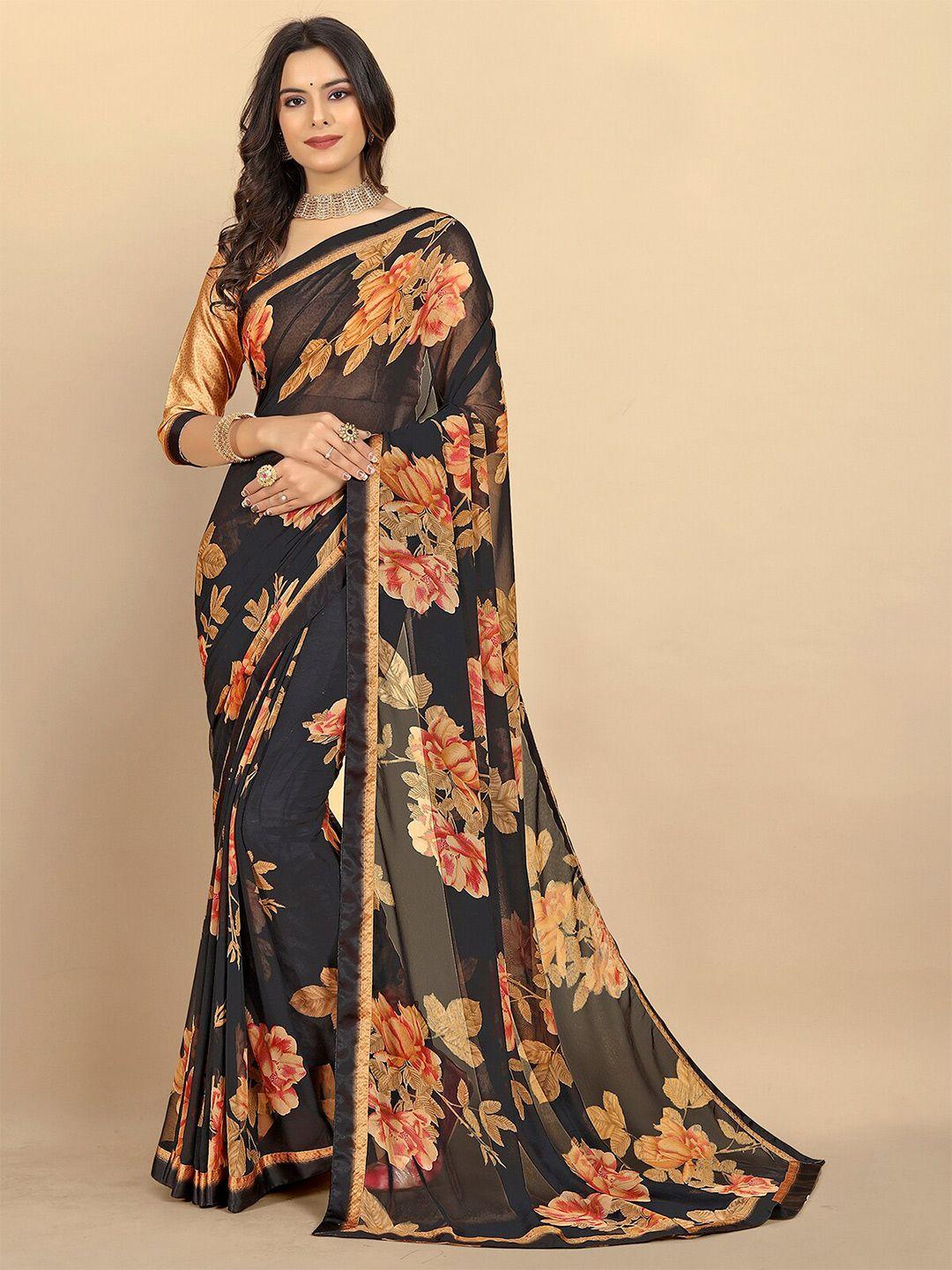 rangita black & orange floral poly georgette saree