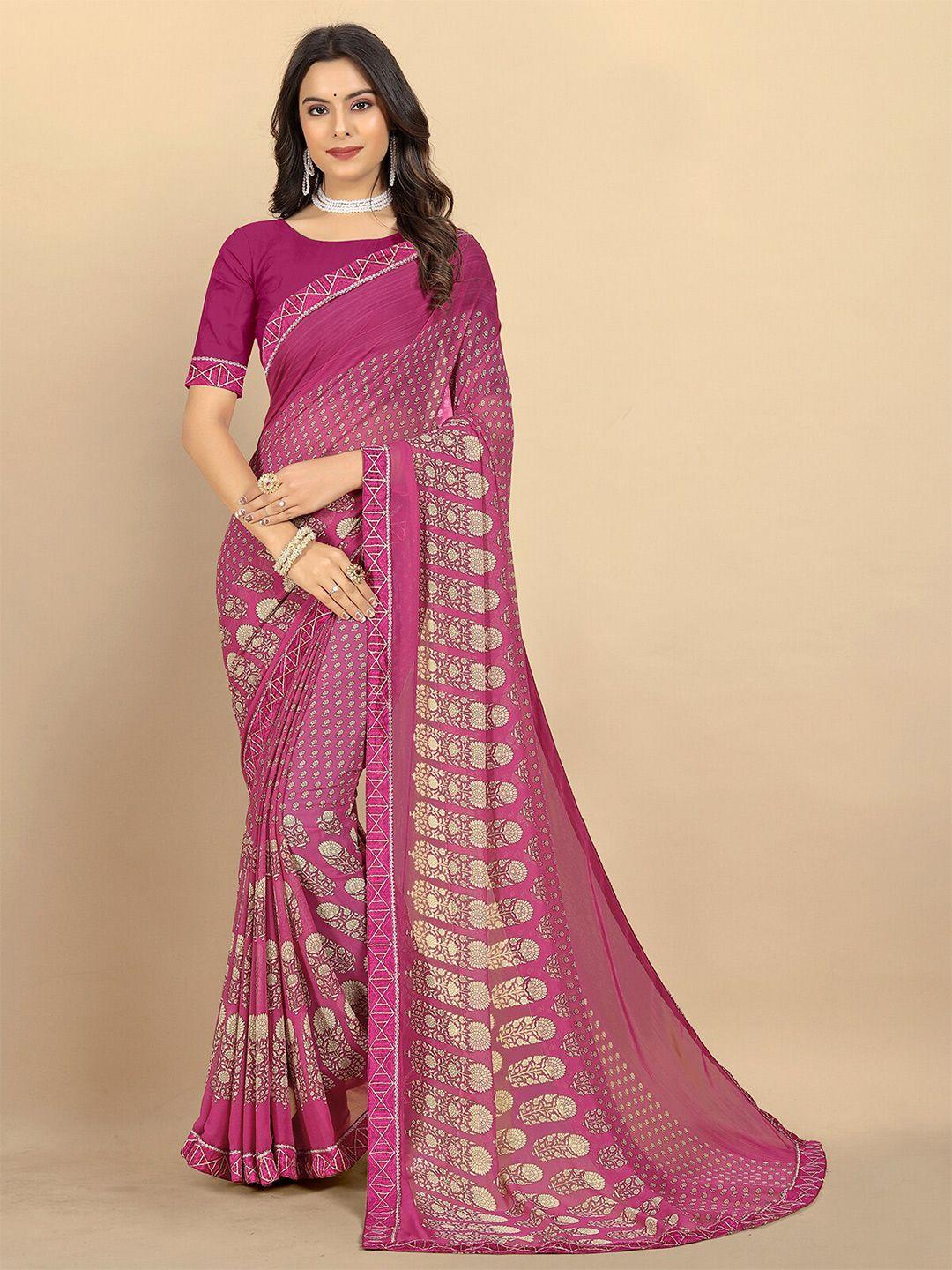 rangita purple & gold-toned floral poly georgette saree