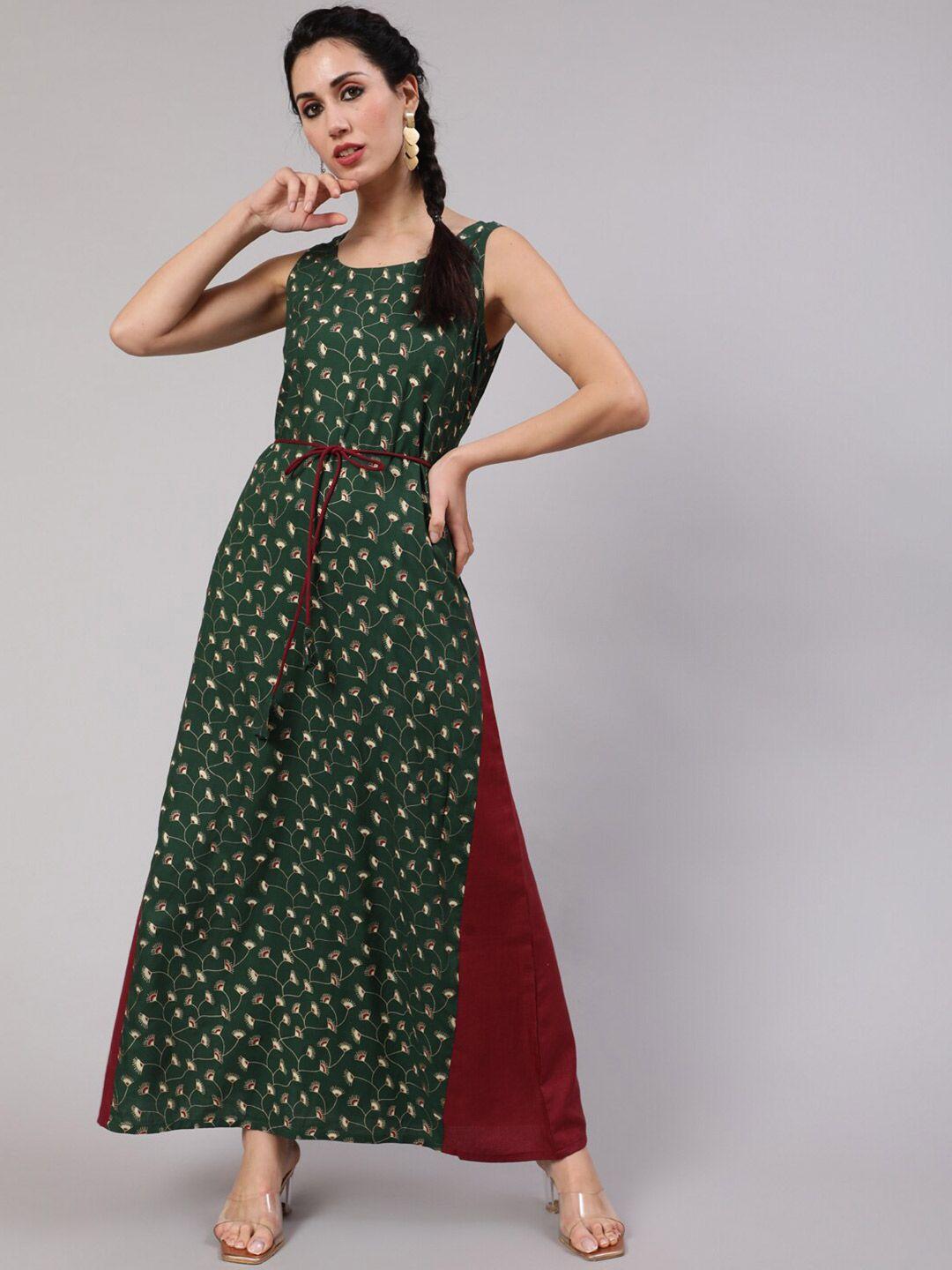 aks floral printed round neck belted a-line maxi ethnic dress