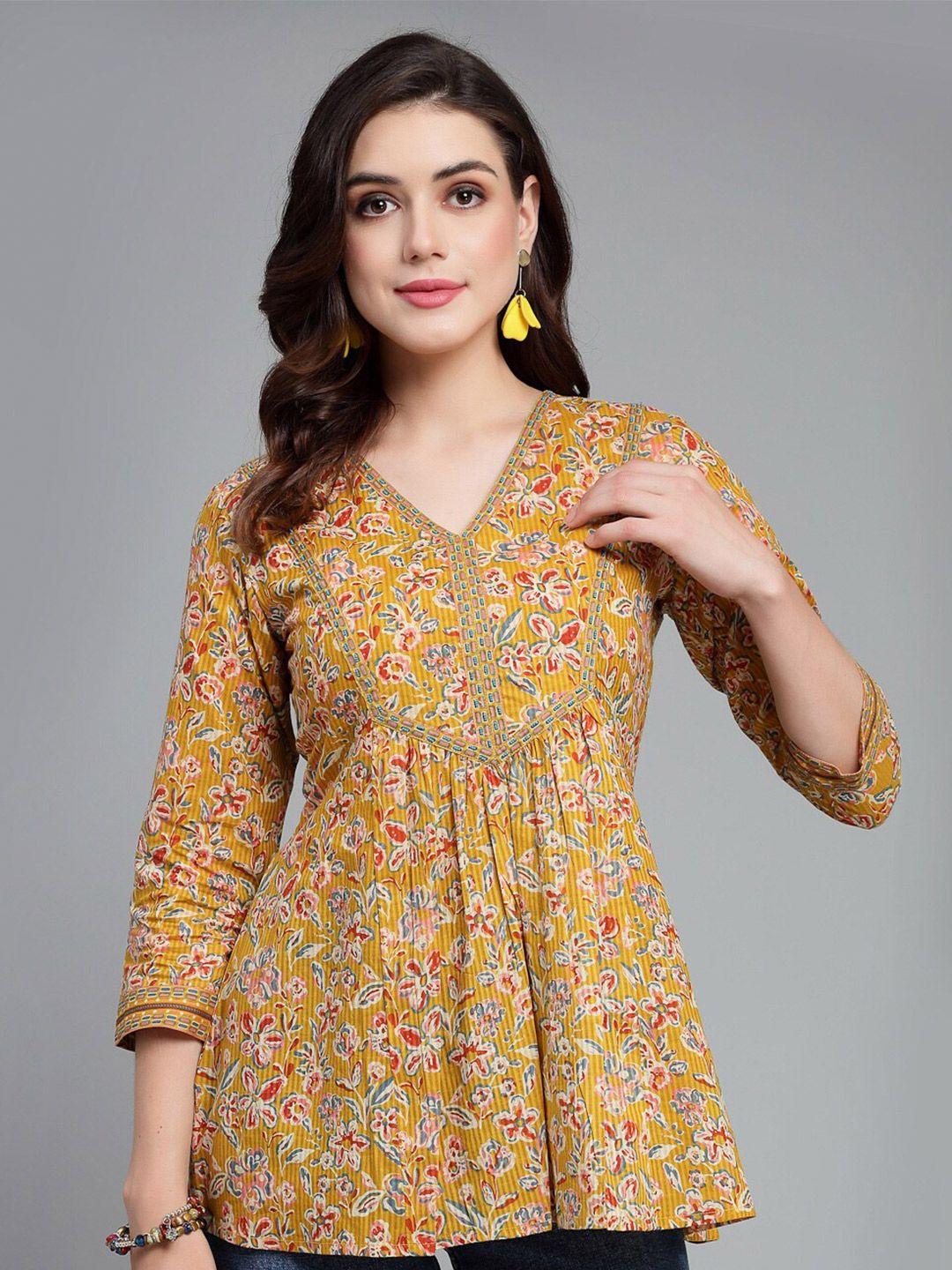 qomn yellow floral print cotton empire top