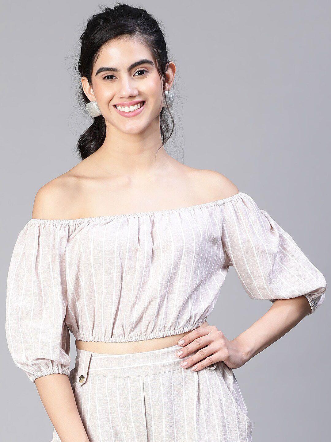 oxolloxo striped off-shoulder puff sleeve pure cotton bardot crop top