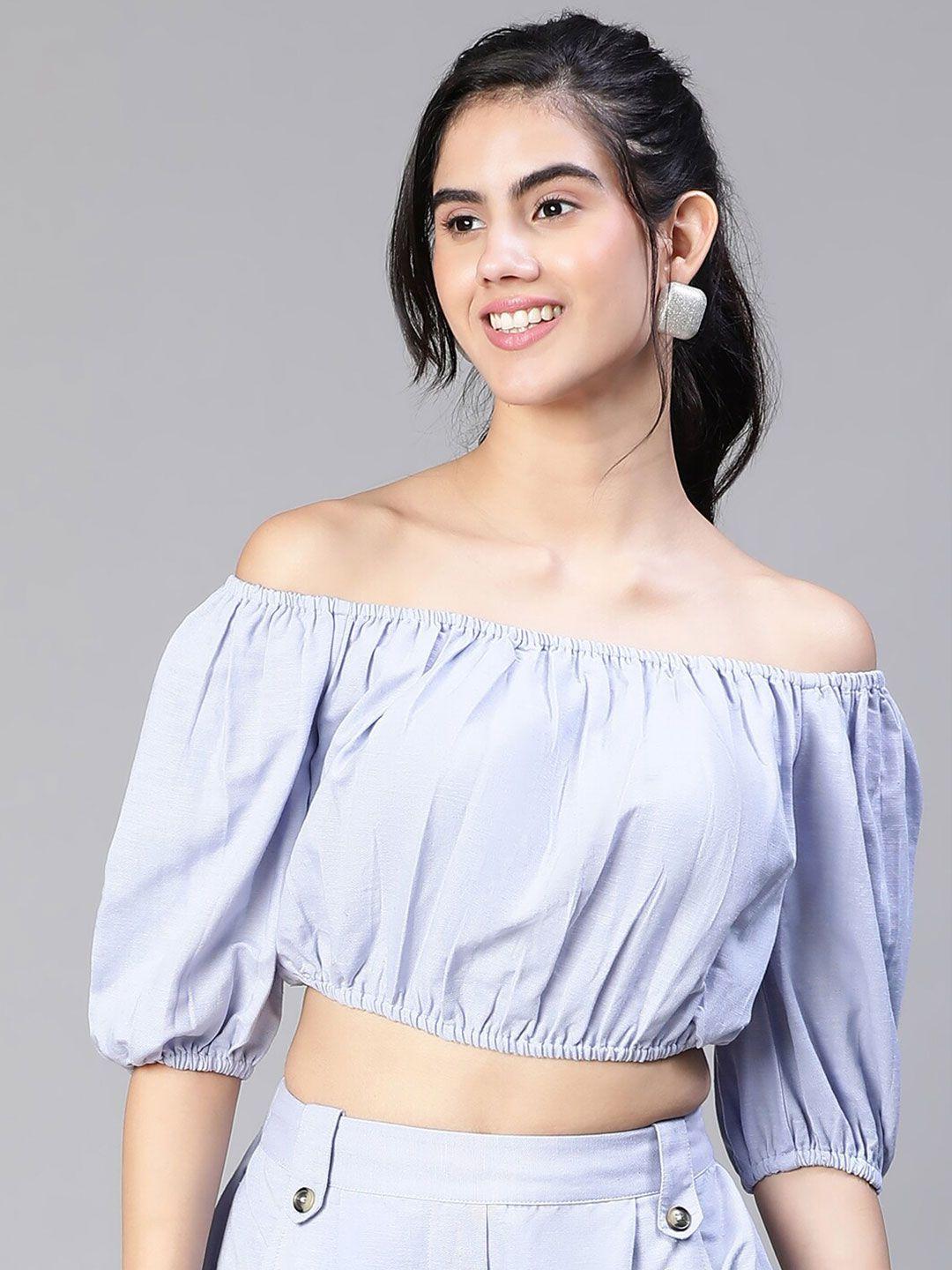 oxolloxo off-shoulder puff sleeve gathered pure cotton bardot crop top