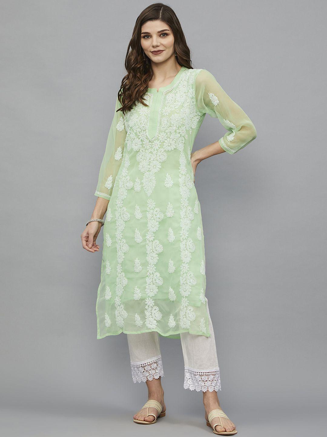 ethnava women sea green ethnic motifs printed flared sleeves chikankari handloom georgette kurta