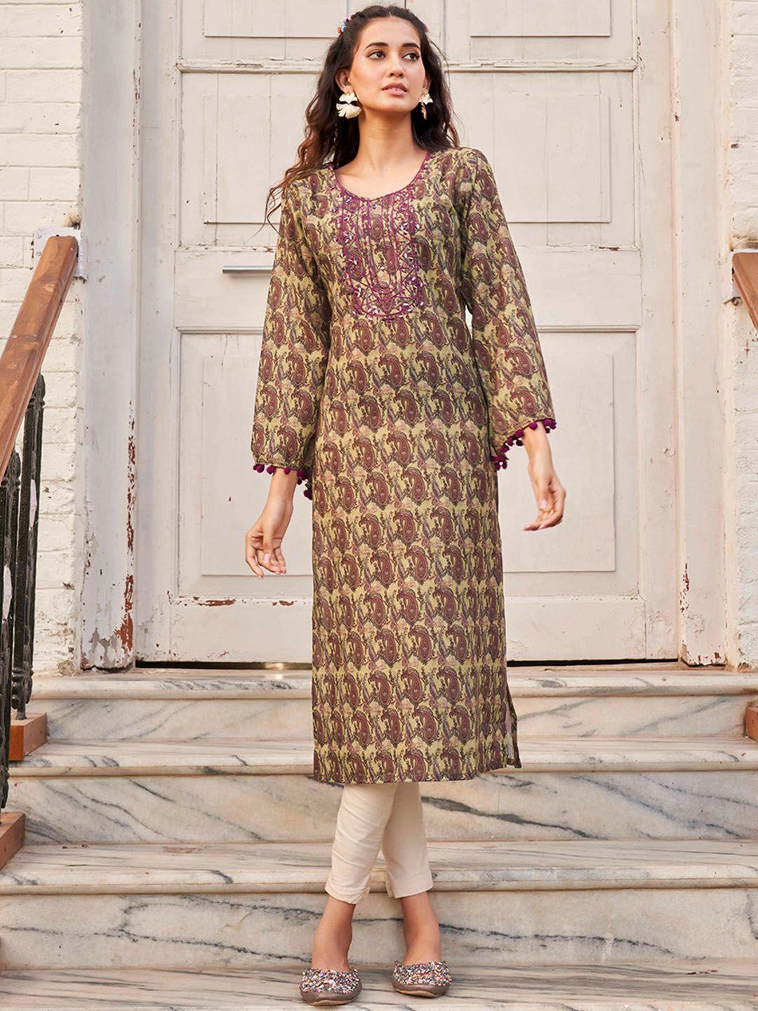 tikhi imli green paisley printed flared sleeves kurta