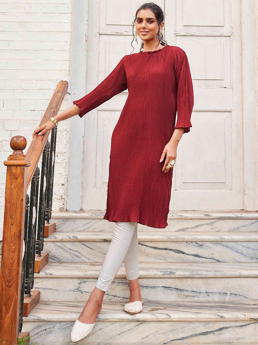 tikhi imli maroon round neck pleated crepe kurta