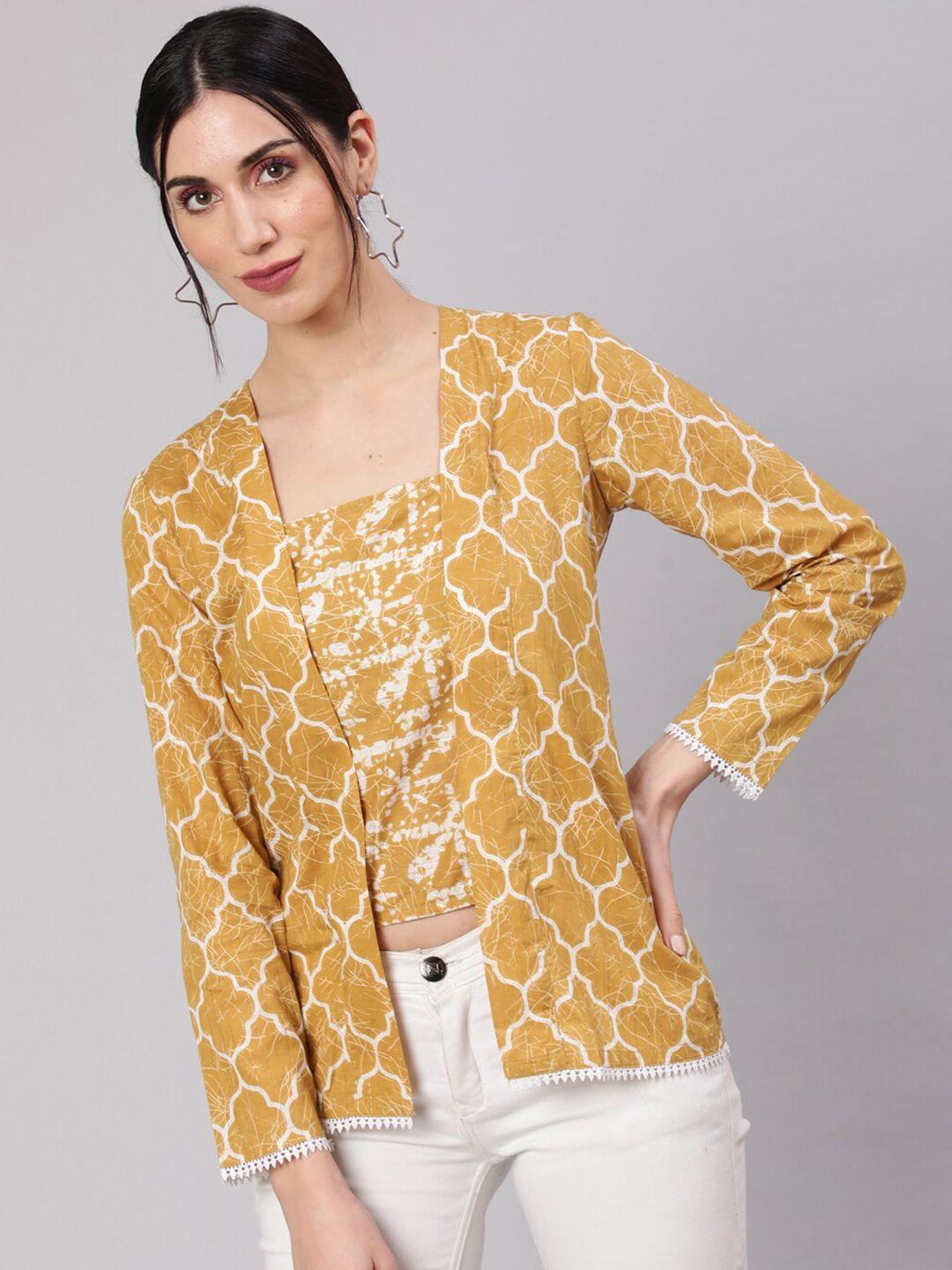 aks geometric printed square neck long sleeve pure cotton regular top