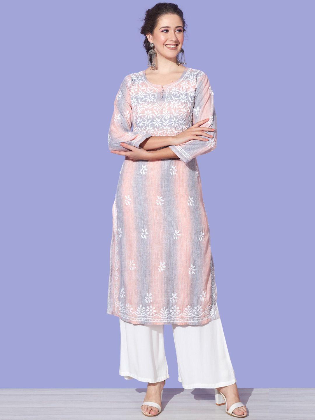 ethnava women peach-coloured geometric embroidered keyhole neck sequinned handloom anarkali kurta