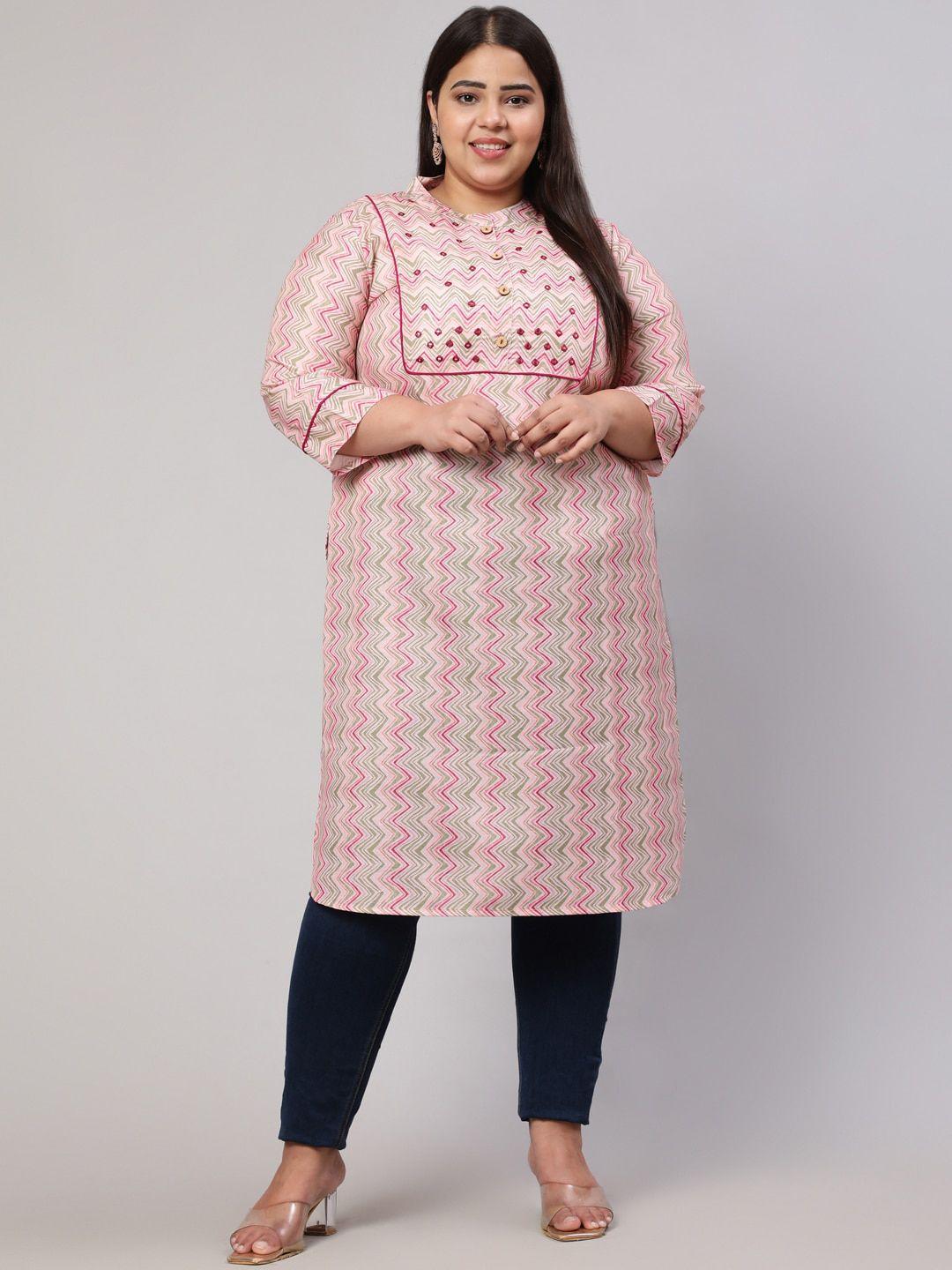 jaipur kurti pink plus size ethnic motifs printed thread work kurta