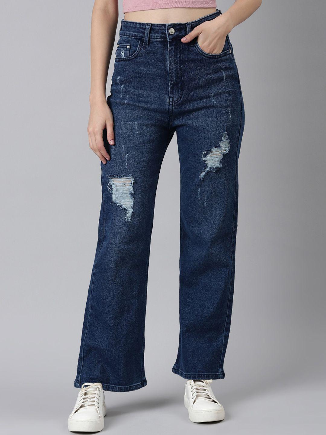 showoff women high-rise mildly distressed light fade acid wash stretchable cotton jeans