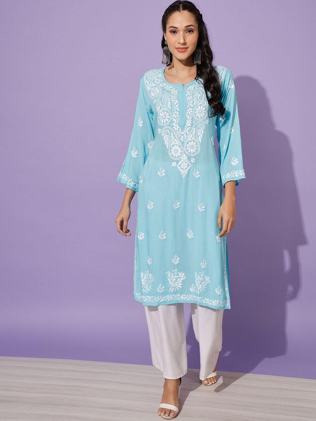 ethnava women blue ethnic motifs embroidered flared sleeves chikankari handloom kurta