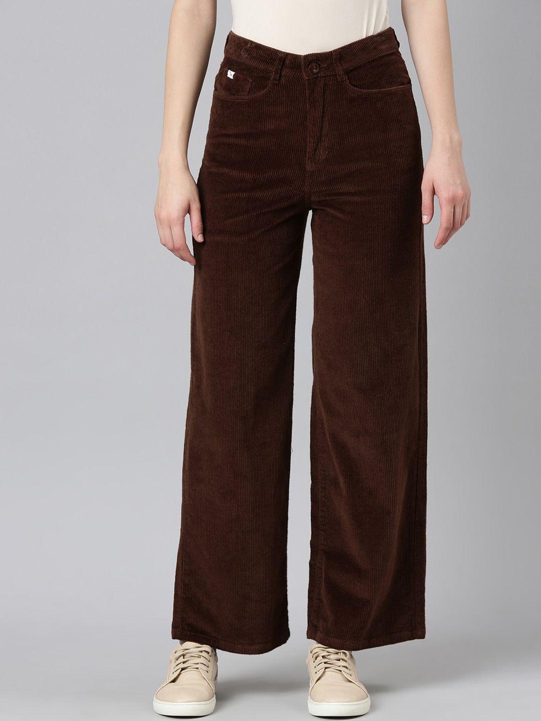 showoff women coffee brown straight fit high-rise trousers