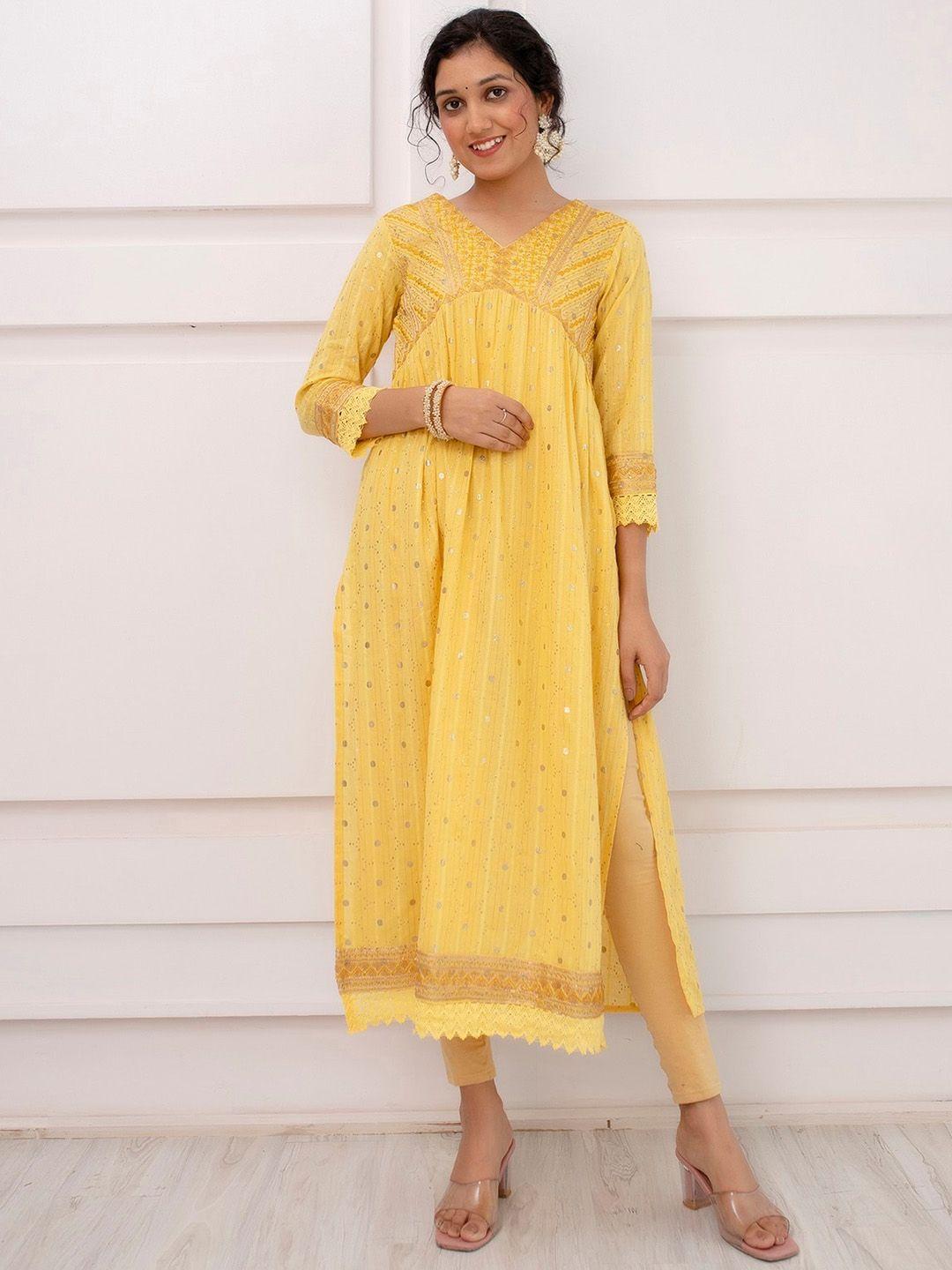 nehamta women yellow thread work kurta