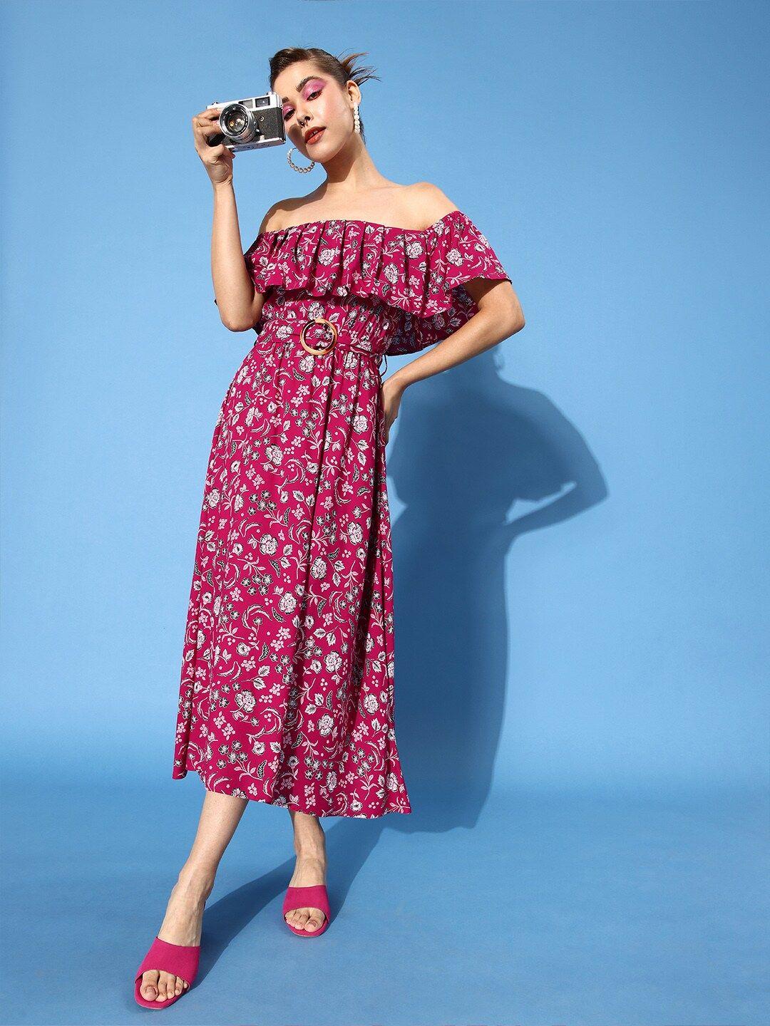 here&now red floral printed off-shoulder fit & flare dress