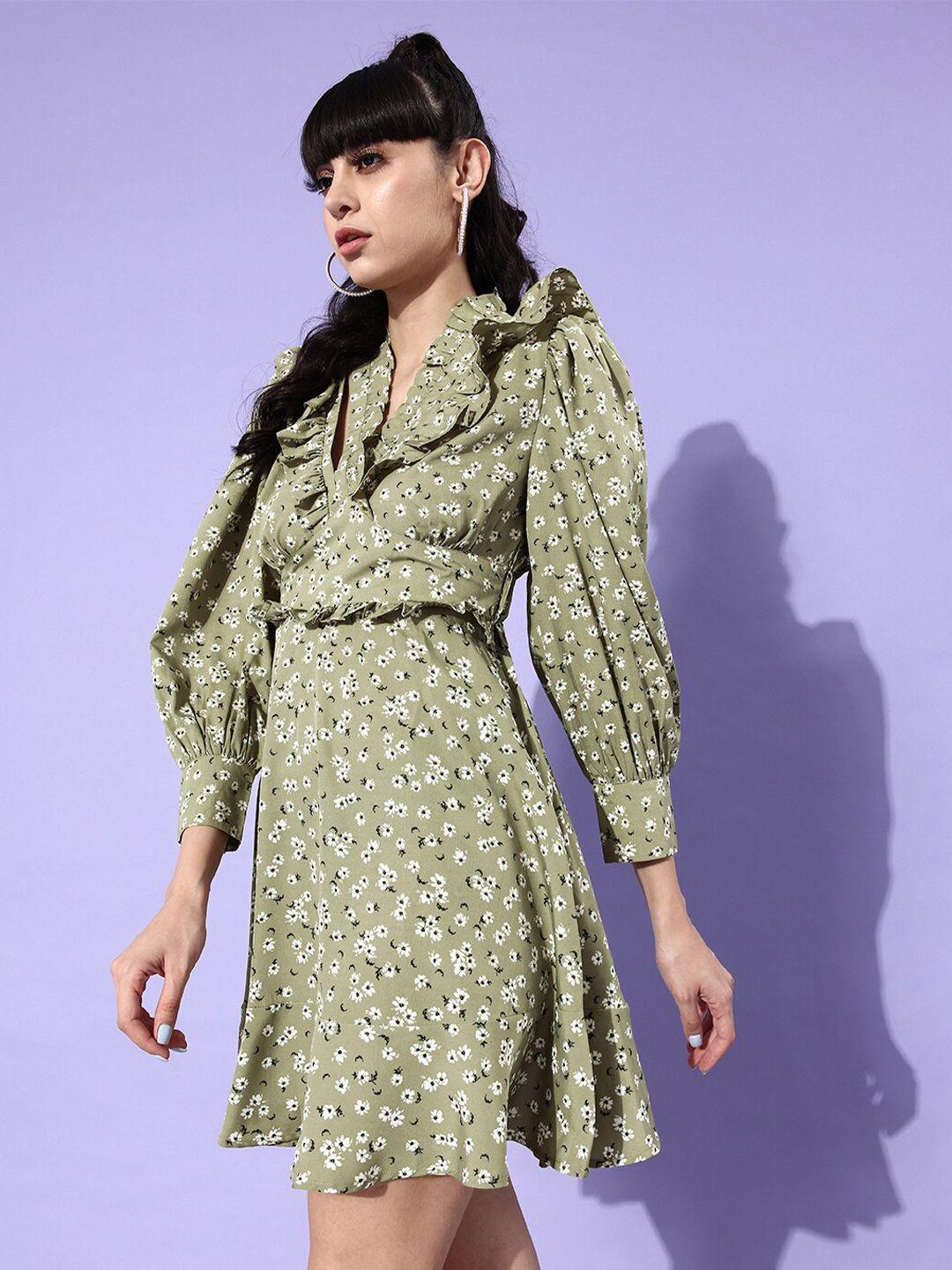 here&now olive green floral printed v-neck puff sleeves ruffles a-line dress