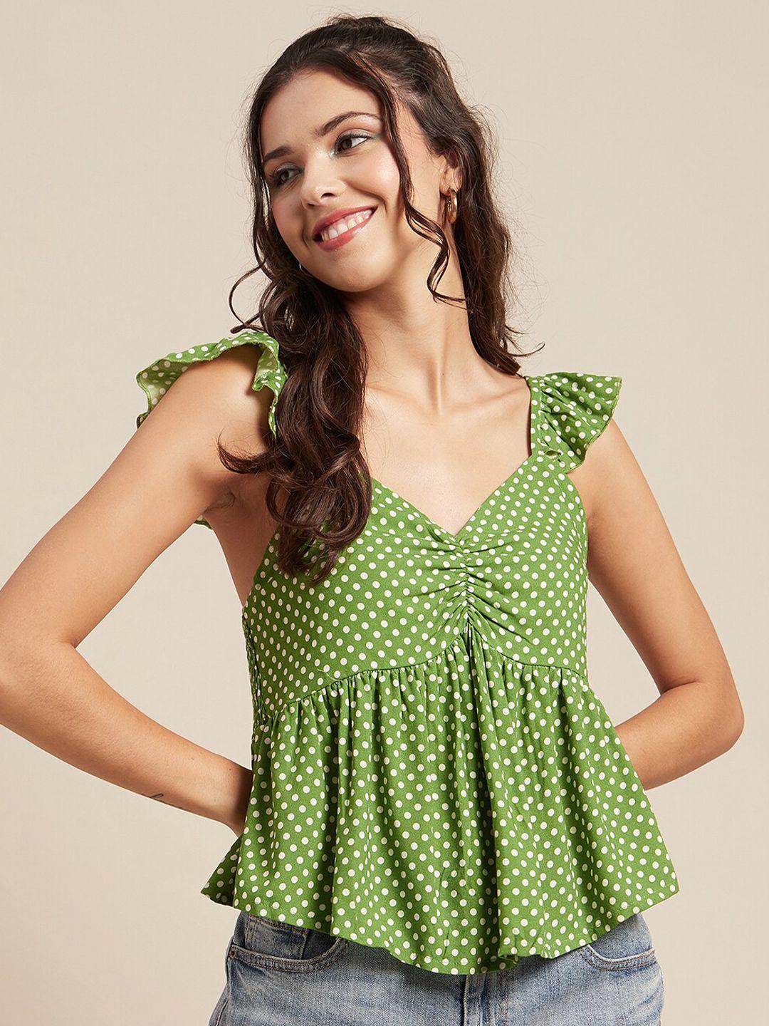 moomaya smocked ruffled polka dots printed peplum top