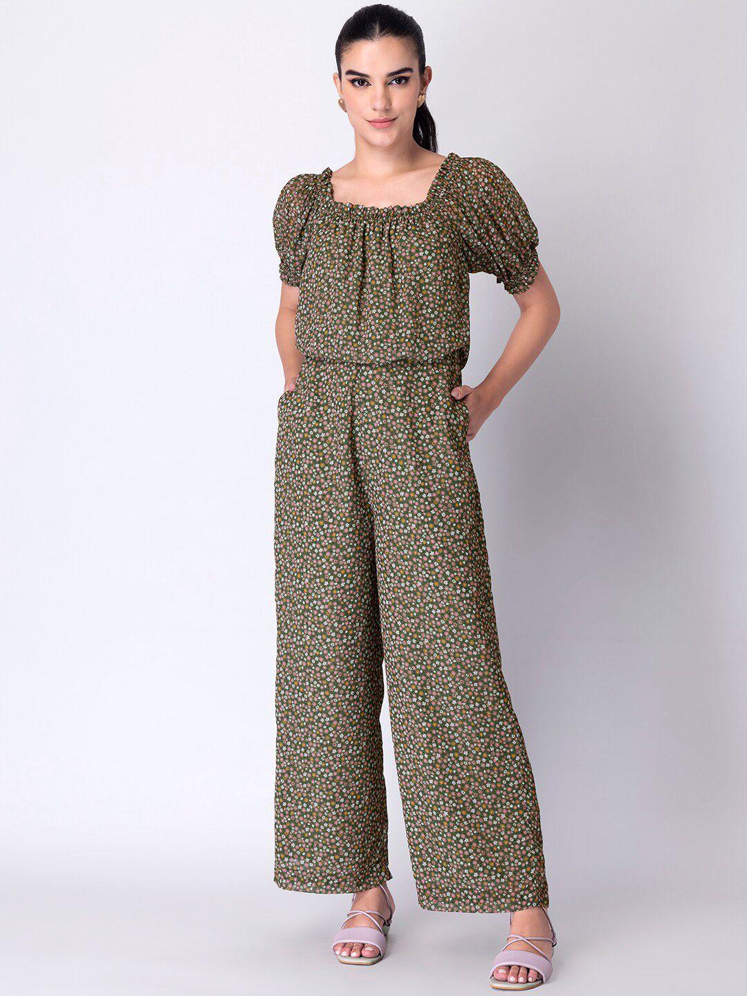 faballey squre neck floral printed puff sleeve basic jumpsuit