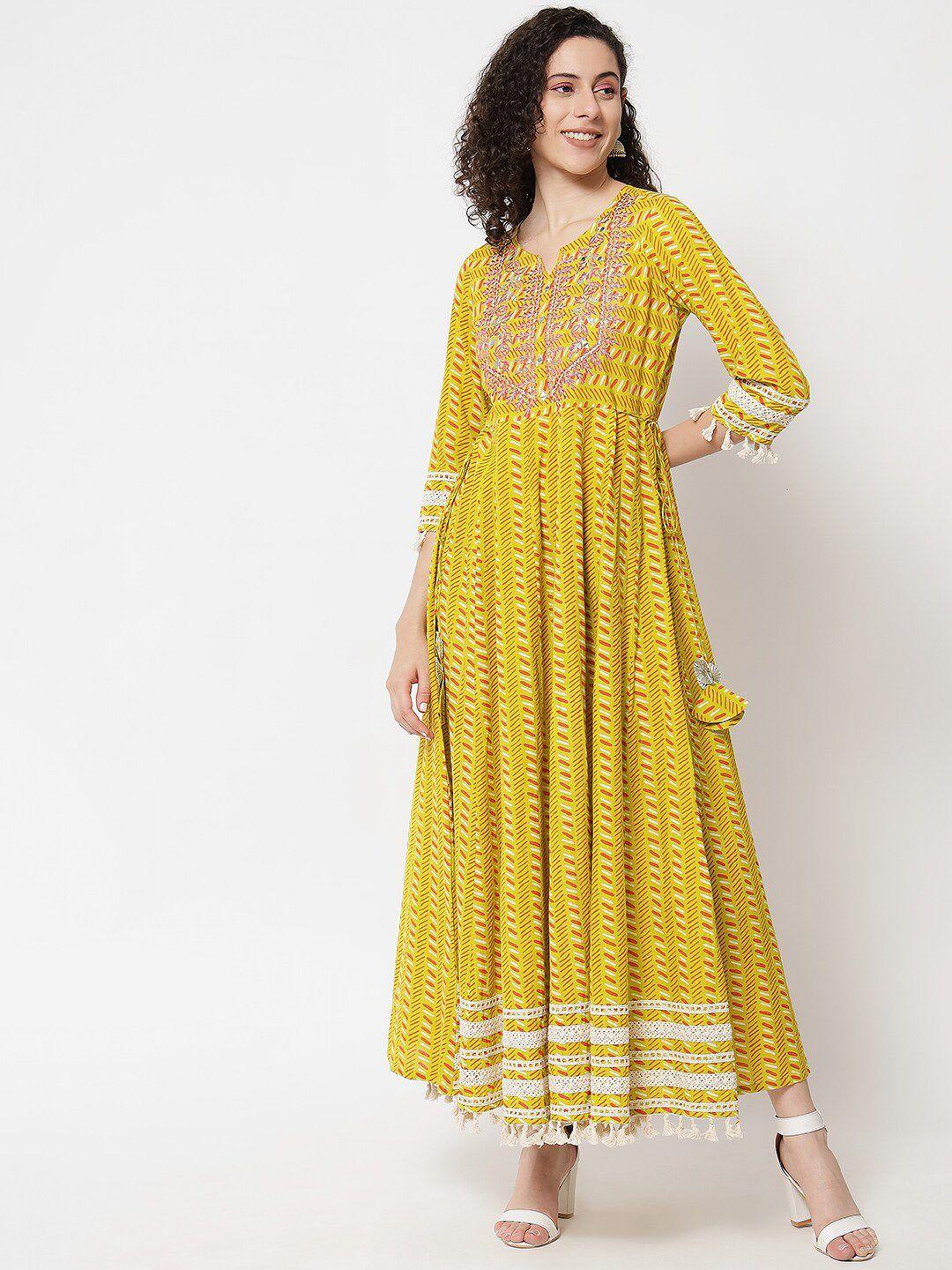 aayumi women mustard yellow ethnic motifs embroidered sequinned floral anarkali kurta