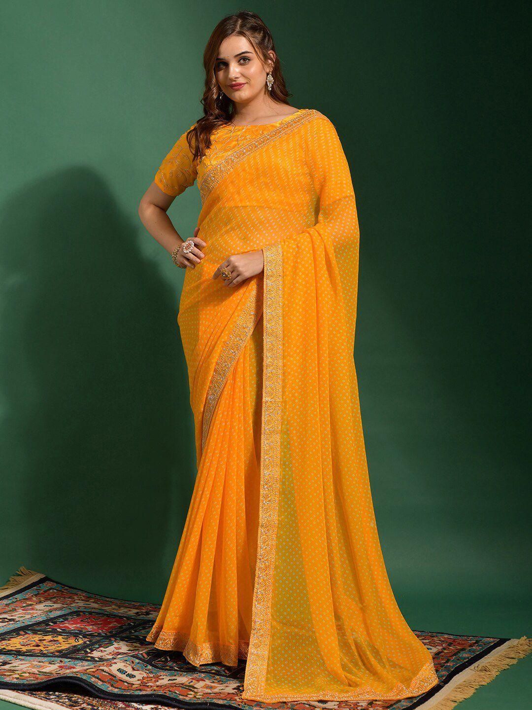 anouk yellow & white printed sequinned pure georgette bandhani saree